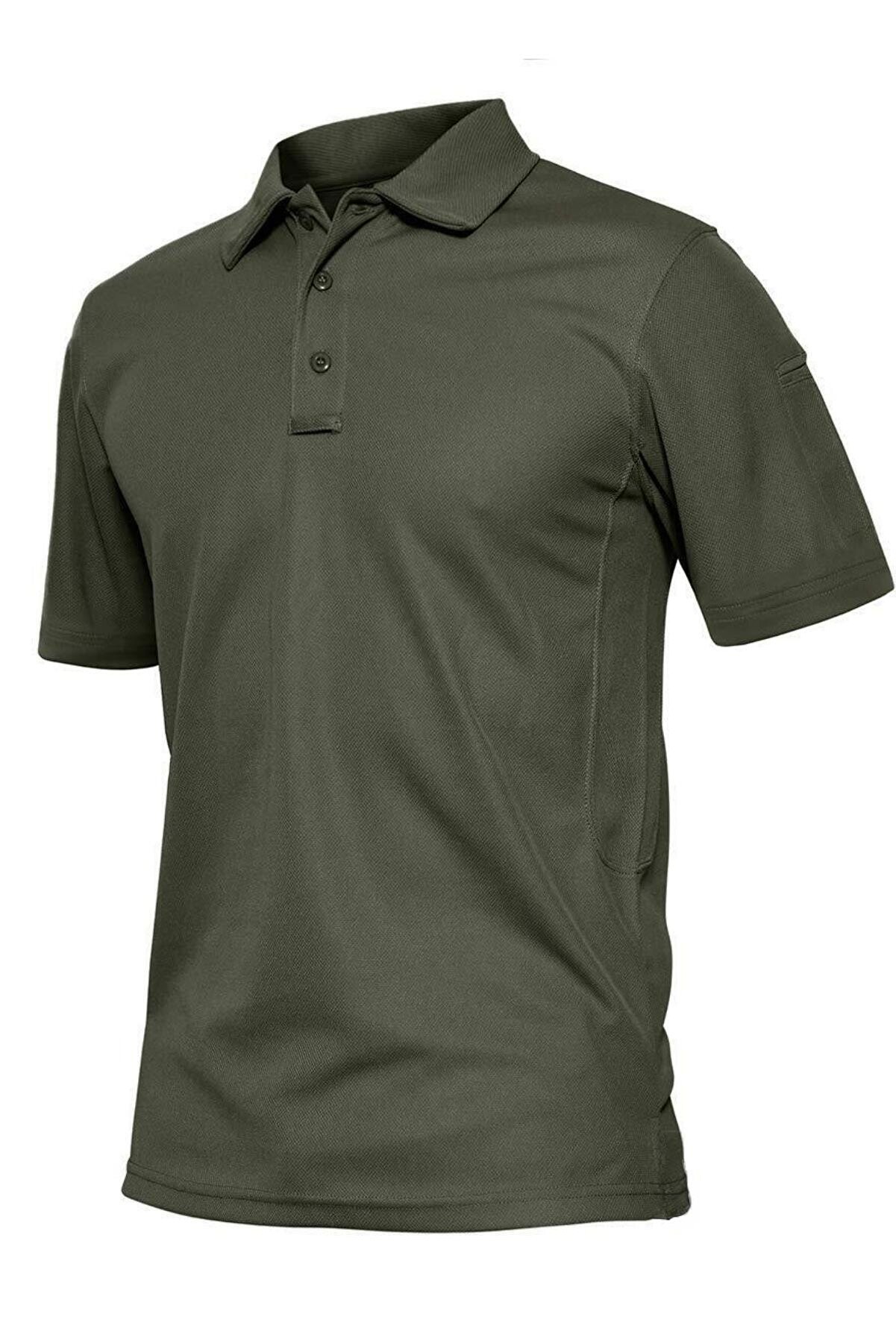 Ghassy Co. Erkek Taktik Polo Yaka Gömlek Hızlı Kuruma Nem Emici Performans Pique Jersey Golf T-shirt - Haki