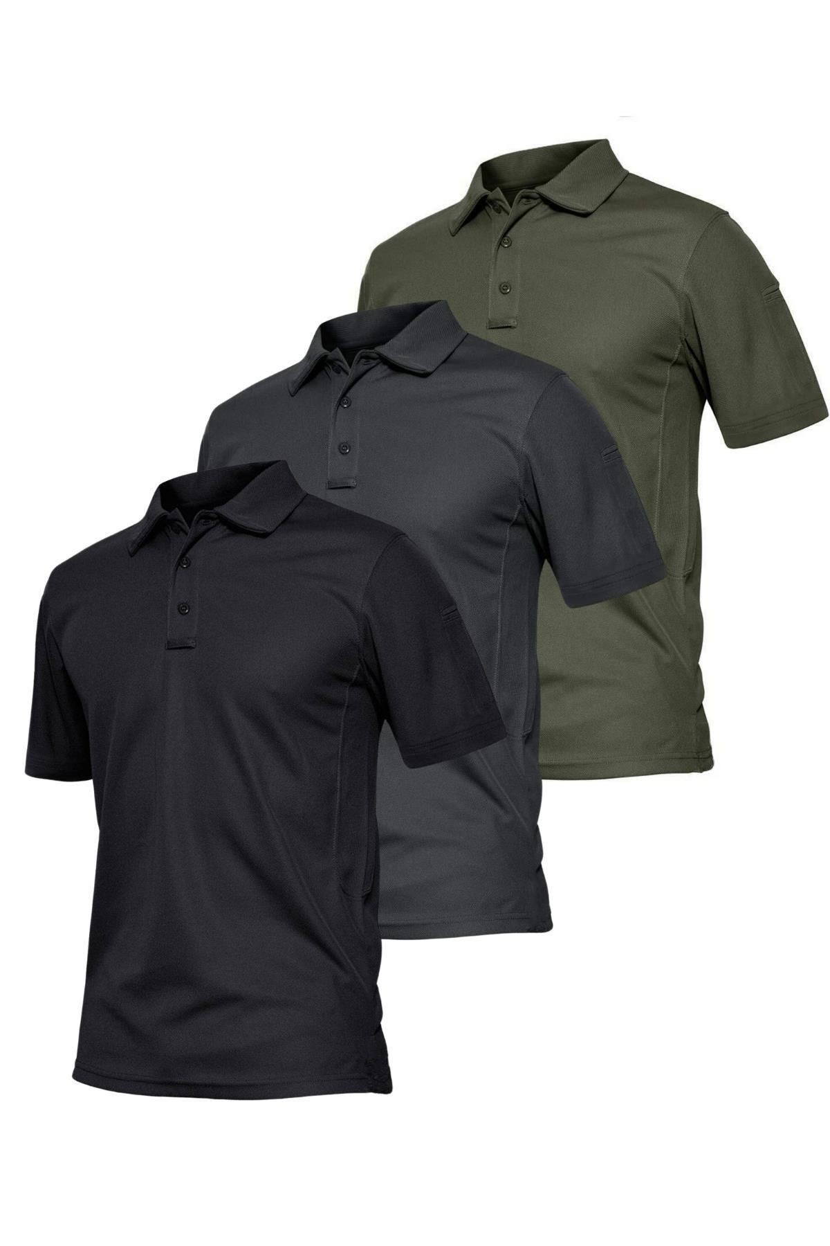 Ghassy Co. Erkek 3'lü Set Taktik Polo Yaka Gömlek Hızlı Kuruma Nem Emici Pique Jersey Golf T-shirt