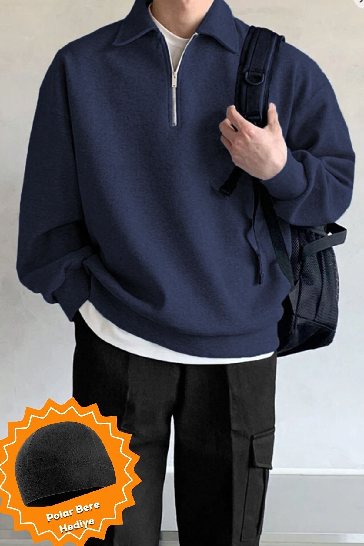 Ghassy Co Ghassy Co. Erkek Polo Yaka Oversize Yarım Fermuarlı Sweatshirt - Lacivert