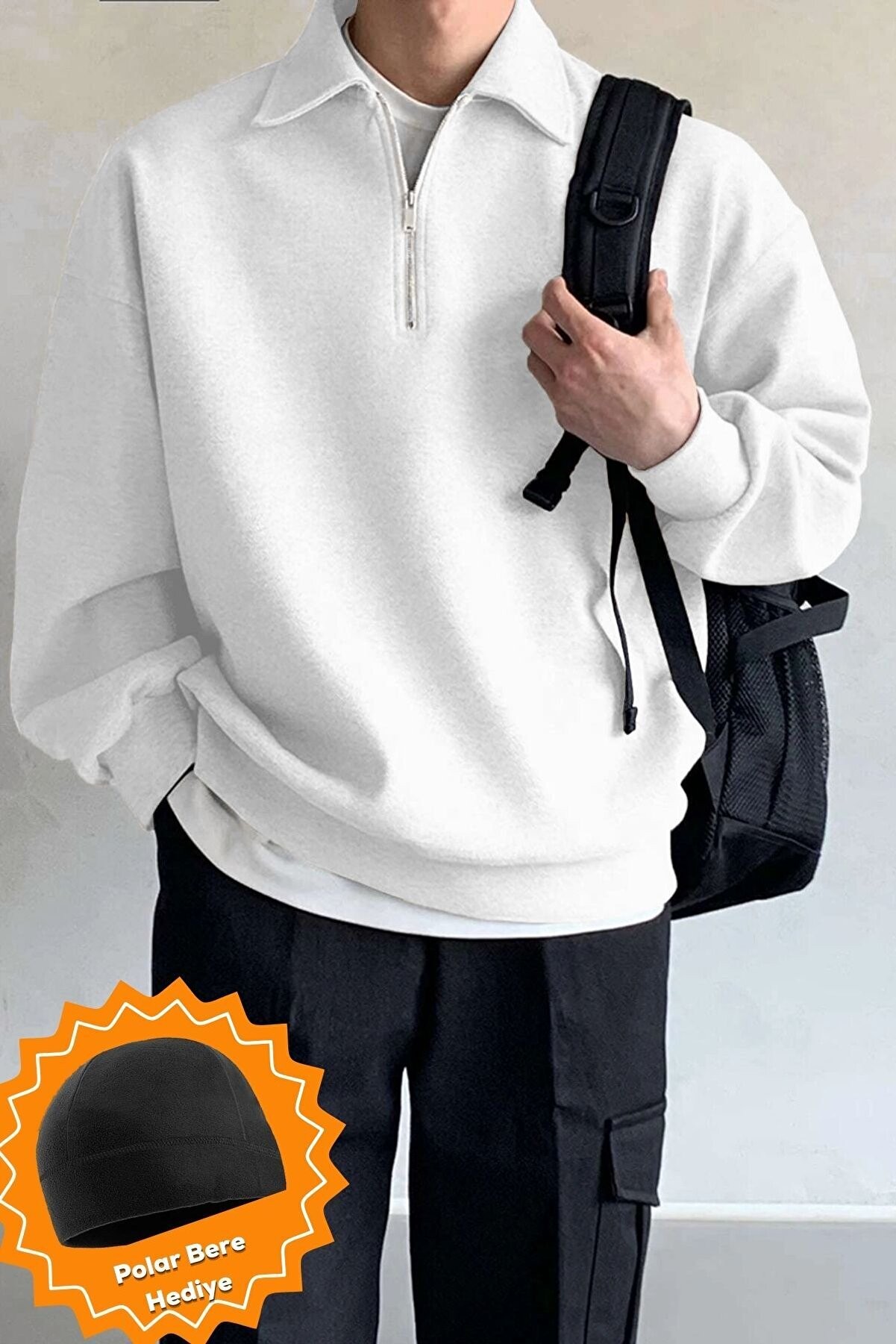 Ghassy Co Ghassy Co. Erkek Polo Yaka Oversize Yarım Fermuarlı Sweatshirt - BEYAZ