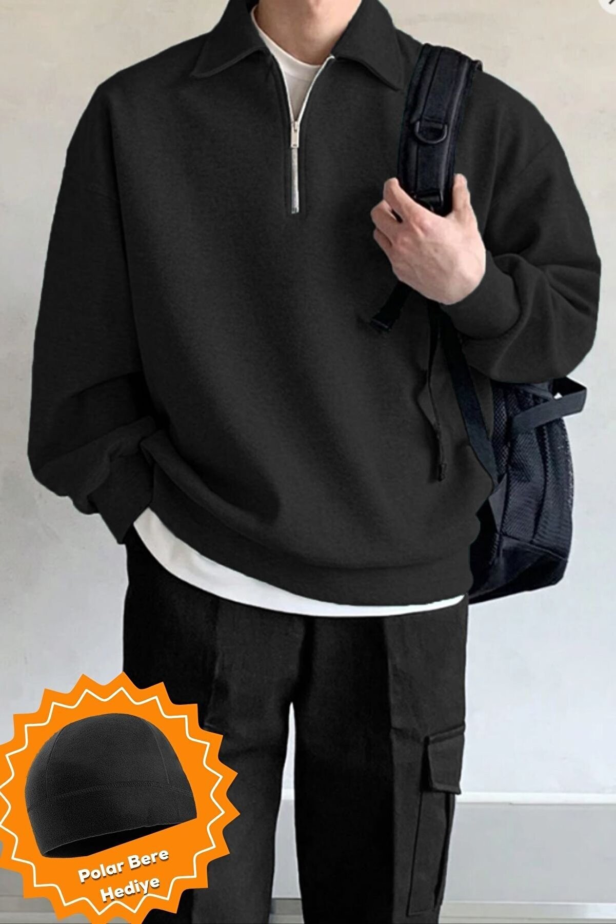 Ghassy Co Ghassy Co. Erkek Polo Yaka Oversize Yarım Fermuarlı Sweatshirt - Siyah