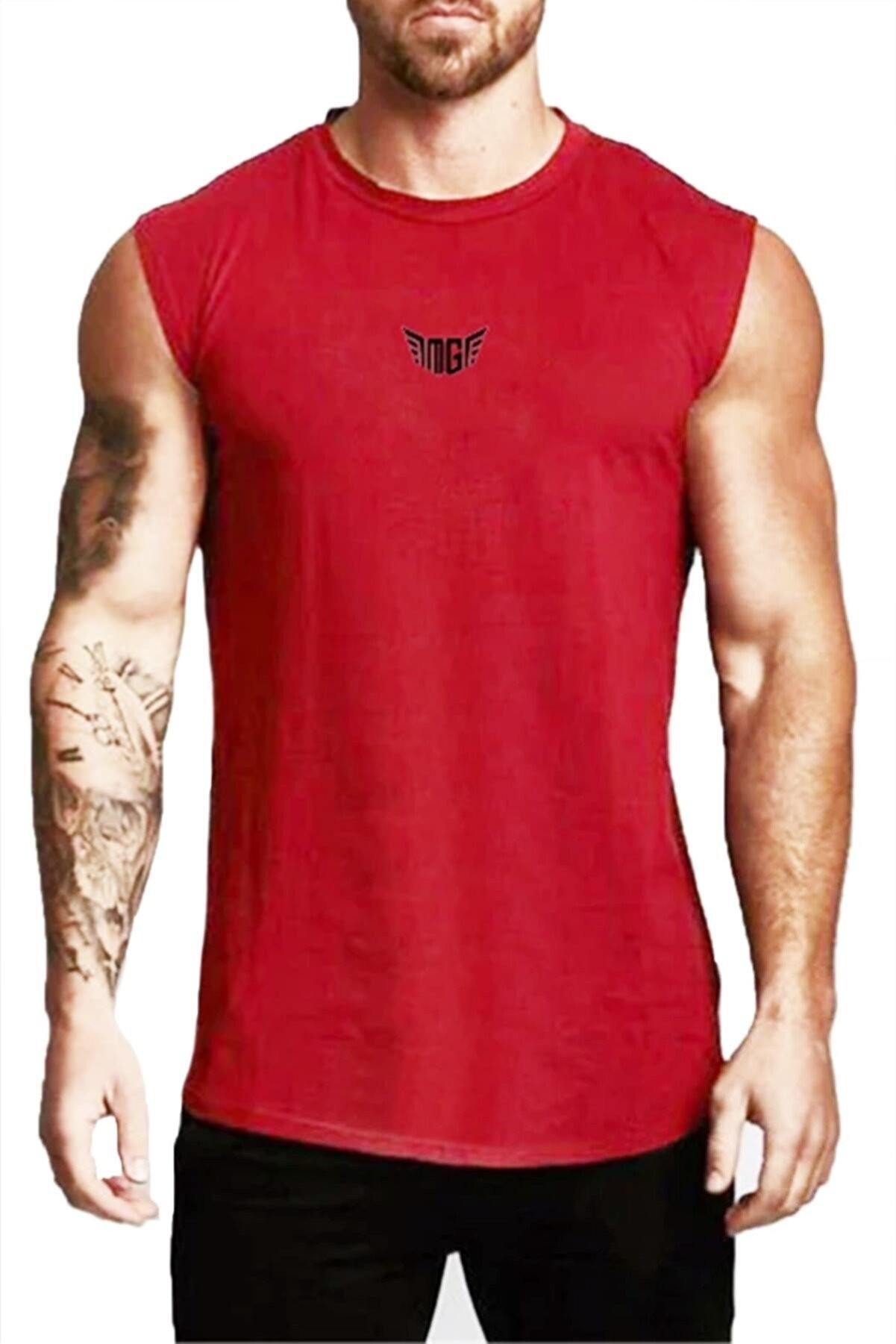 Ghassy Co. Erkek Nem Emici Hızlı Kuruma Atletik Teknik Performans Sporcu Sıfır Kol T-shirt GYM-107 - KIRMIZI