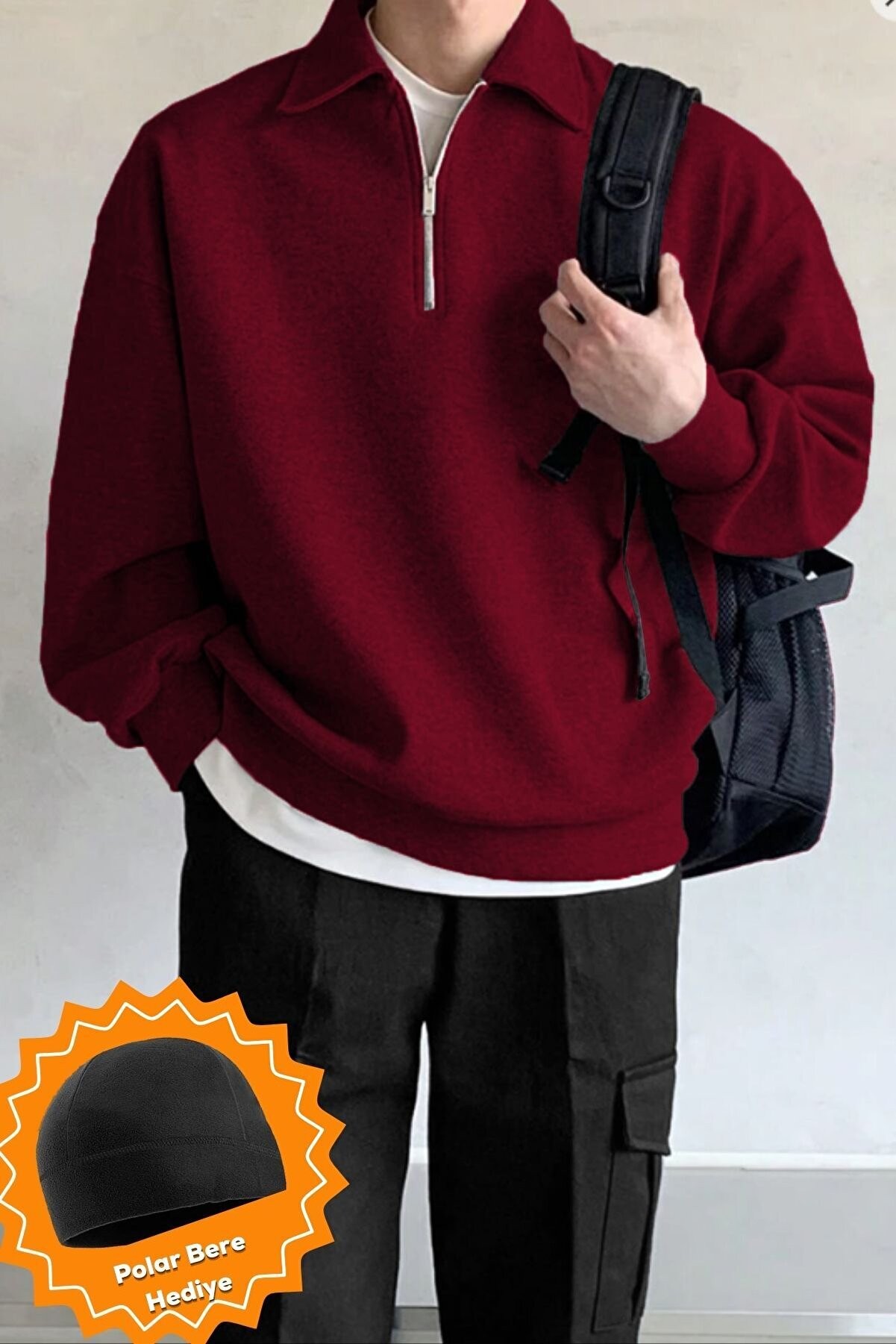 Ghassy Co Ghassy Co. Erkek Polo Yaka Oversize Yarım Fermuarlı Sweatshirt - BORDO