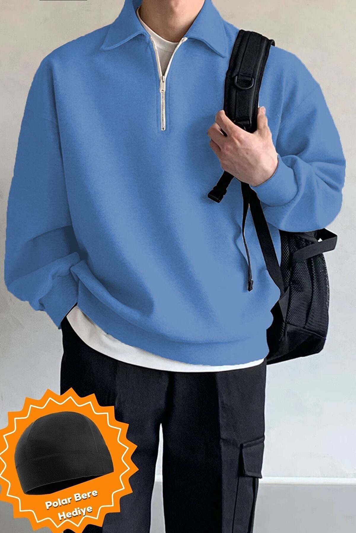Ghassy Co Ghassy Co. Erkek Polo Yaka Oversize Yarım Fermuarlı Sweatshirt - Açık Mavi