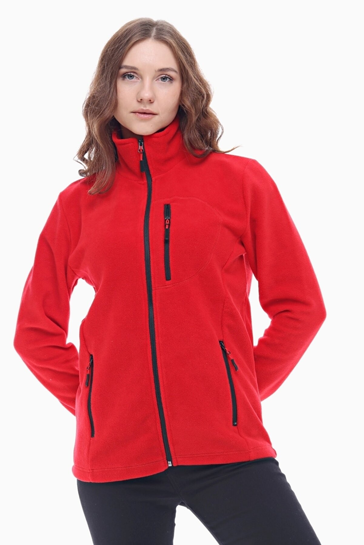 Ghassy Co Kadın Pro Rüzgar Geçirmez 5 Cepli Outdoor Tam Fermuarlı Polar Ceket - Kırmızı