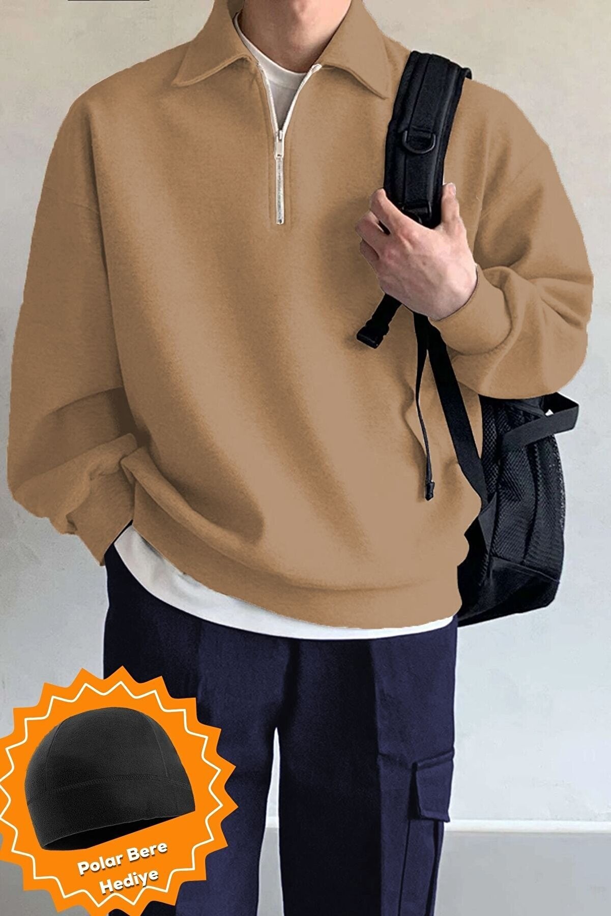 Ghassy Co Ghassy Co. Erkek Polo Yaka Oversize Yarım Fermuarlı Sweatshirt - Tarçın