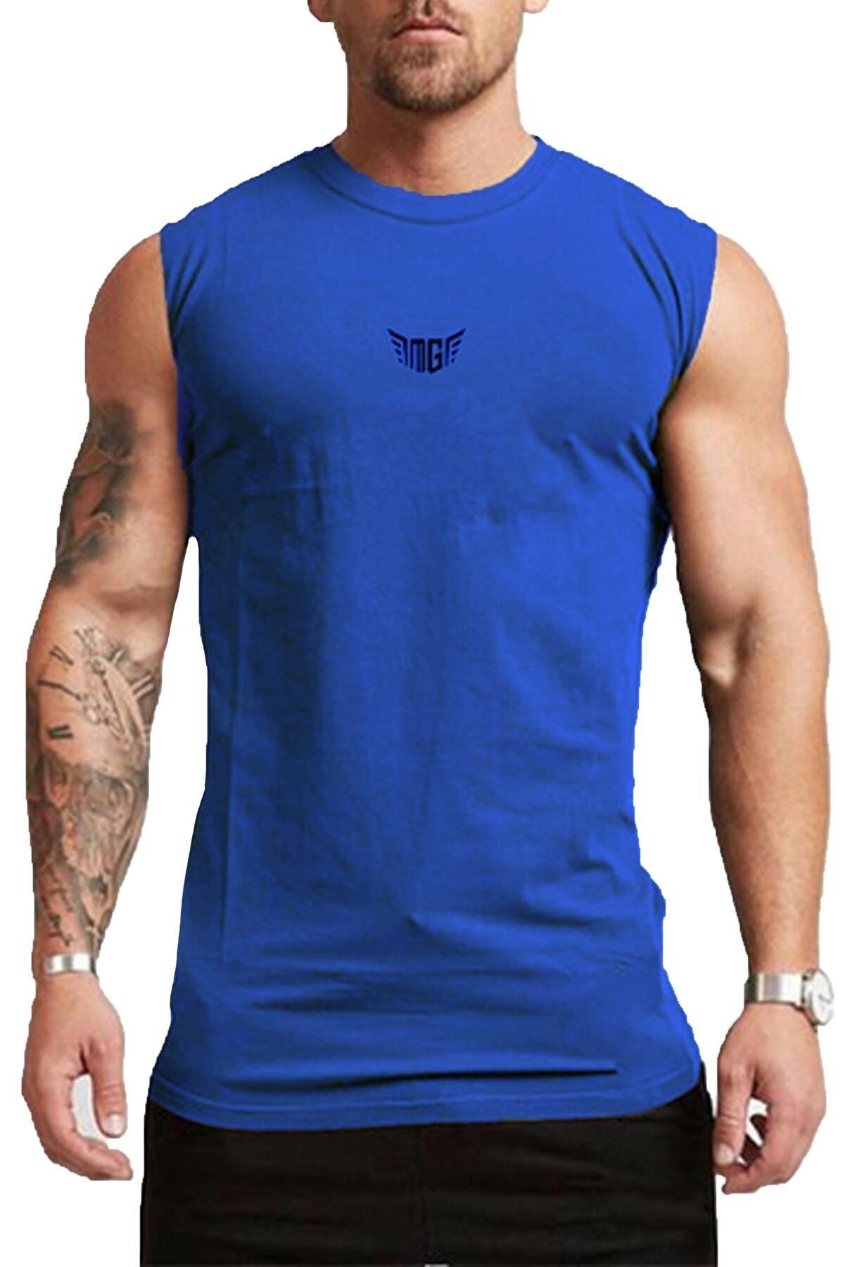 Ghassy Co. Erkek Nem Emici Hızlı Kuruma Atletik Teknik Performans Sporcu Sıfır Kol T-shirt GYM-107 - İNDİGO
