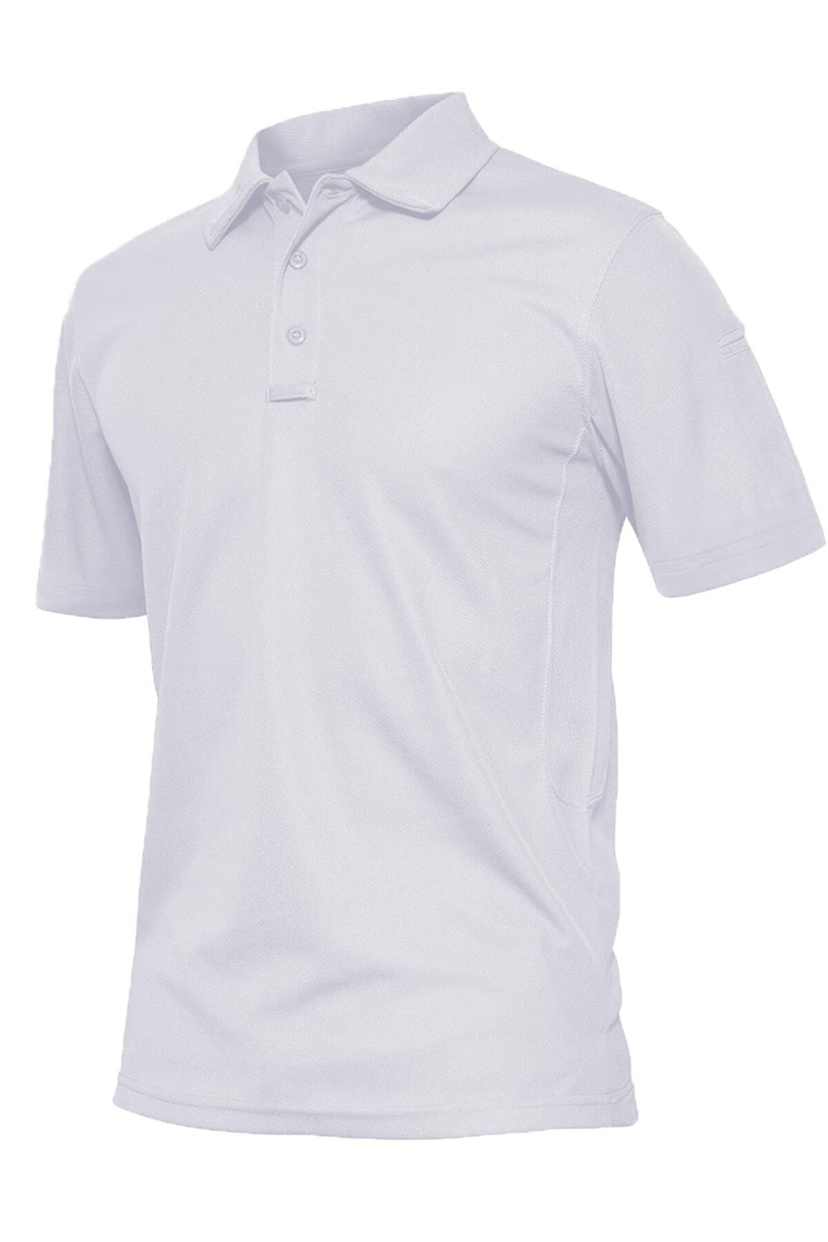 Ghassy Co. Erkek Taktik Polo Yaka Gömlek Hızlı Kuruma Nem Emici Performans Pique Jersey Golf T-shirt - BEYAZ