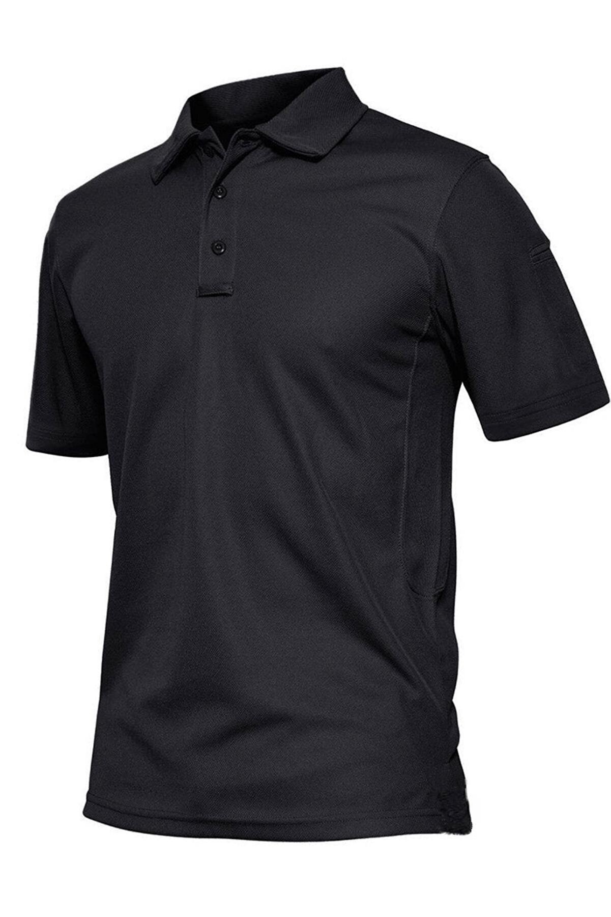 Ghassy Co. Erkek Taktik Polo Yaka Gömlek Hızlı Kuruma Nem Emici Performans Pique Jersey Golf T-shirt - Siyah