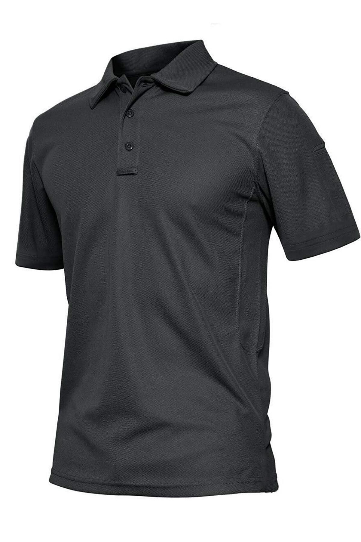 Ghassy Co. Erkek Taktik Polo Yaka Gömlek Hızlı Kuruma Nem Emici Performans Pique Jersey Golf T-shirt - Koyu Gri