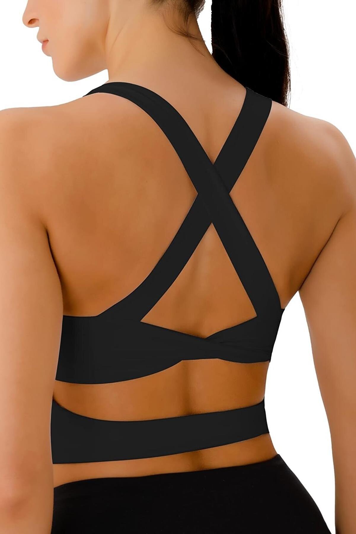 Ghassy Co Kadın Çarpraz Sırt Detaylı Kaplı Yoga Egzersiz Fitness Spor Sütyeni CRS001 - Siyah