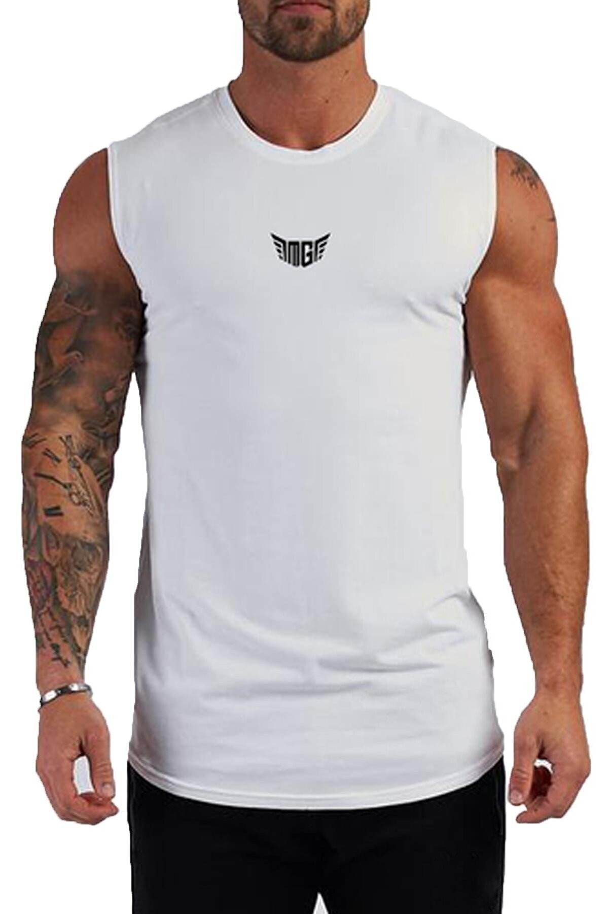 Ghassy Co. Erkek Nem Emici Hızlı Kuruma Atletik Teknik Performans Sporcu Sıfır Kol T-shirt GYM-107 - BEYAZ