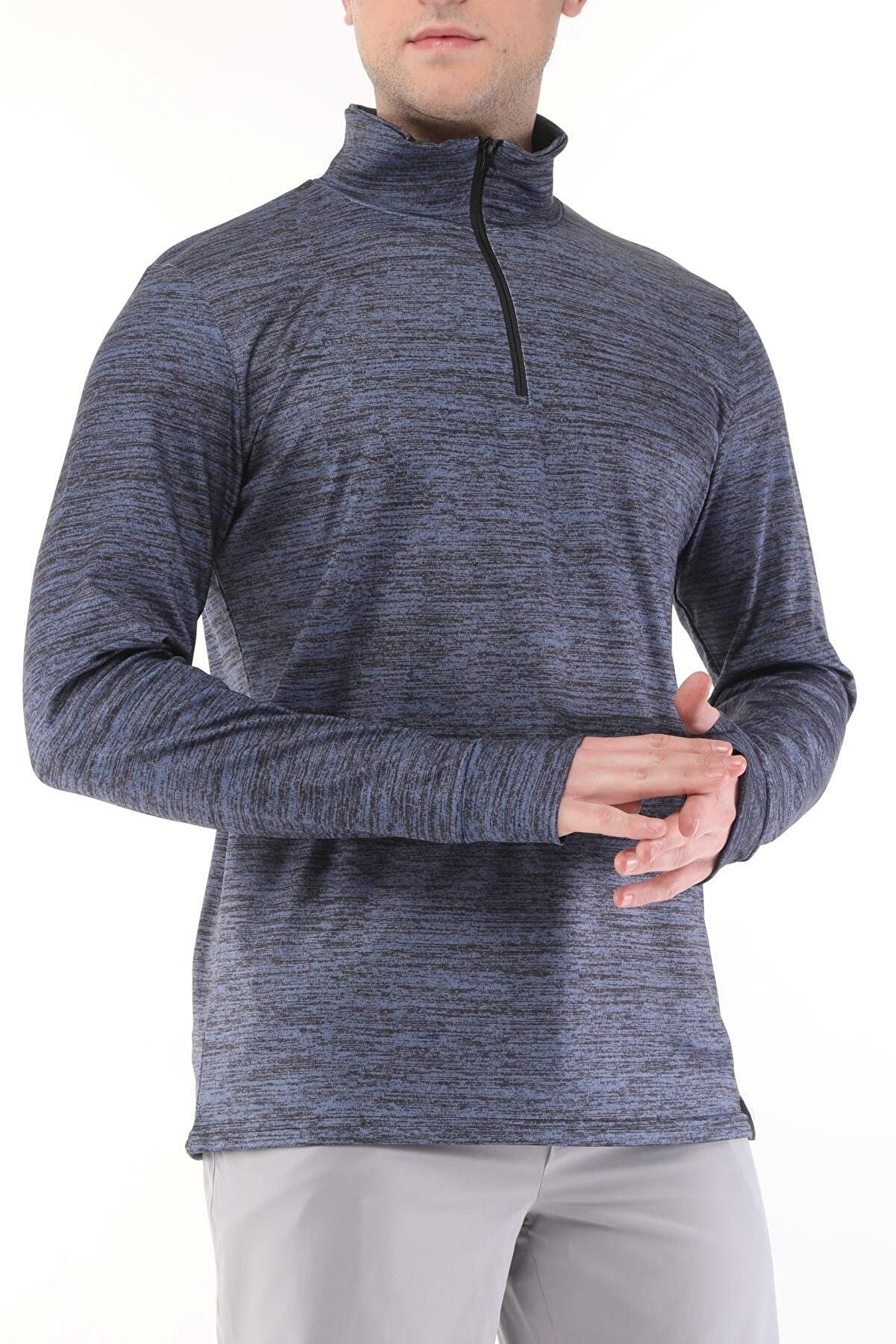 Ghassy Co. Erkek Running Nem Emici UV Güneşten Koruma Parmaklık Detaylı Uzun Kollu Outdoor Tshirt - LACİVERT