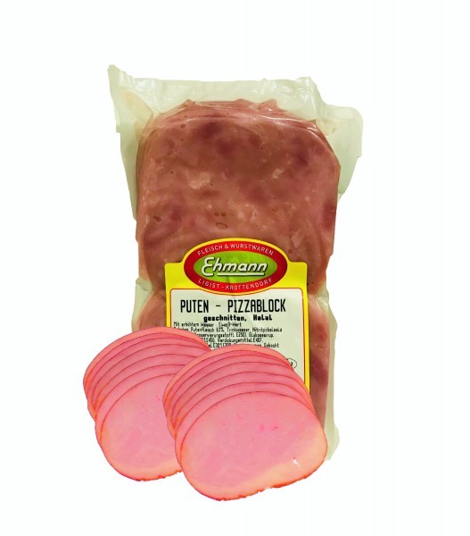 Ehmann&amp;quot; Puten Pizzablok Geschnitten HALAL (1 kg/Tasse)