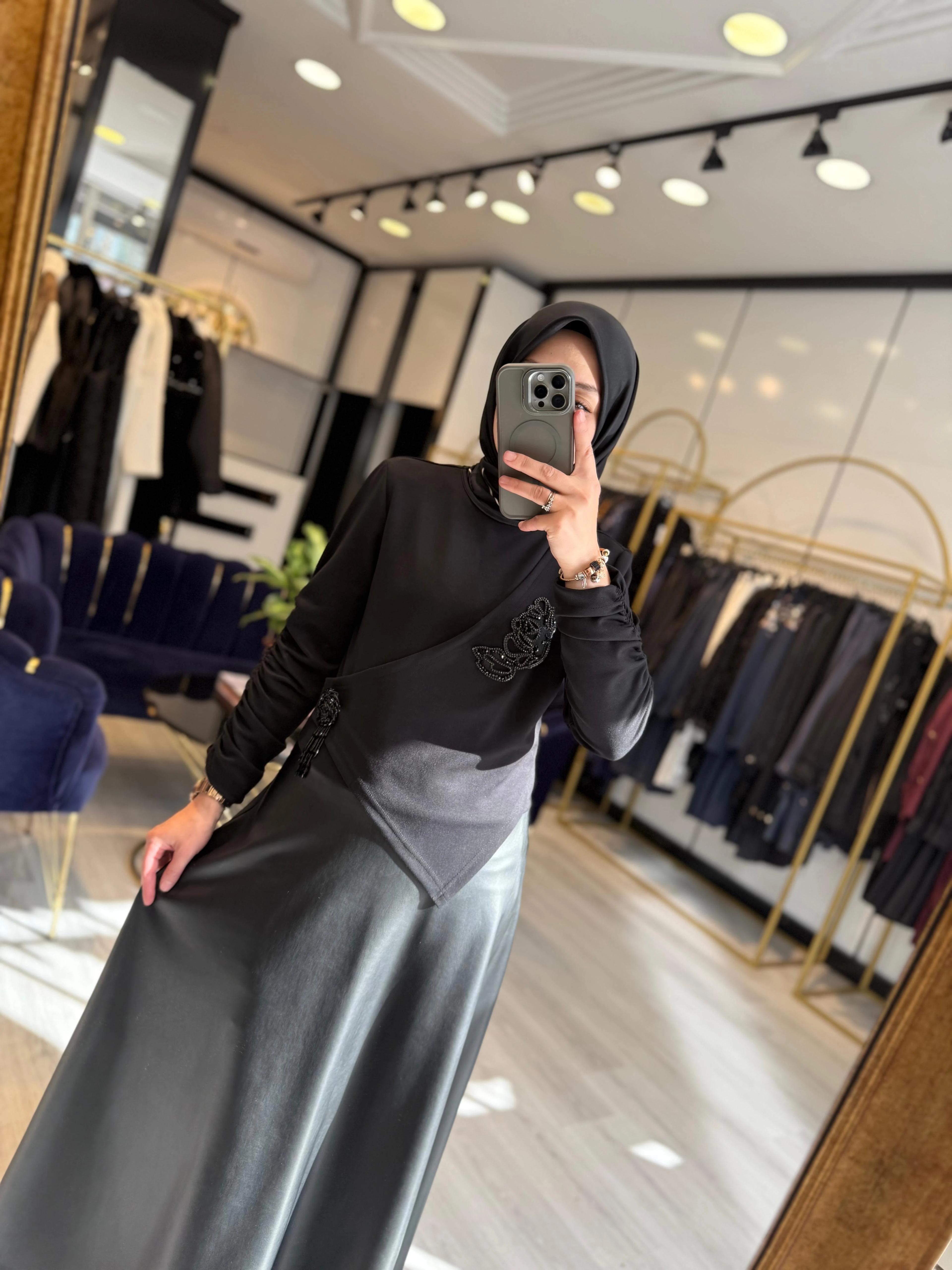 Deri Etekli Tasarım Elbise