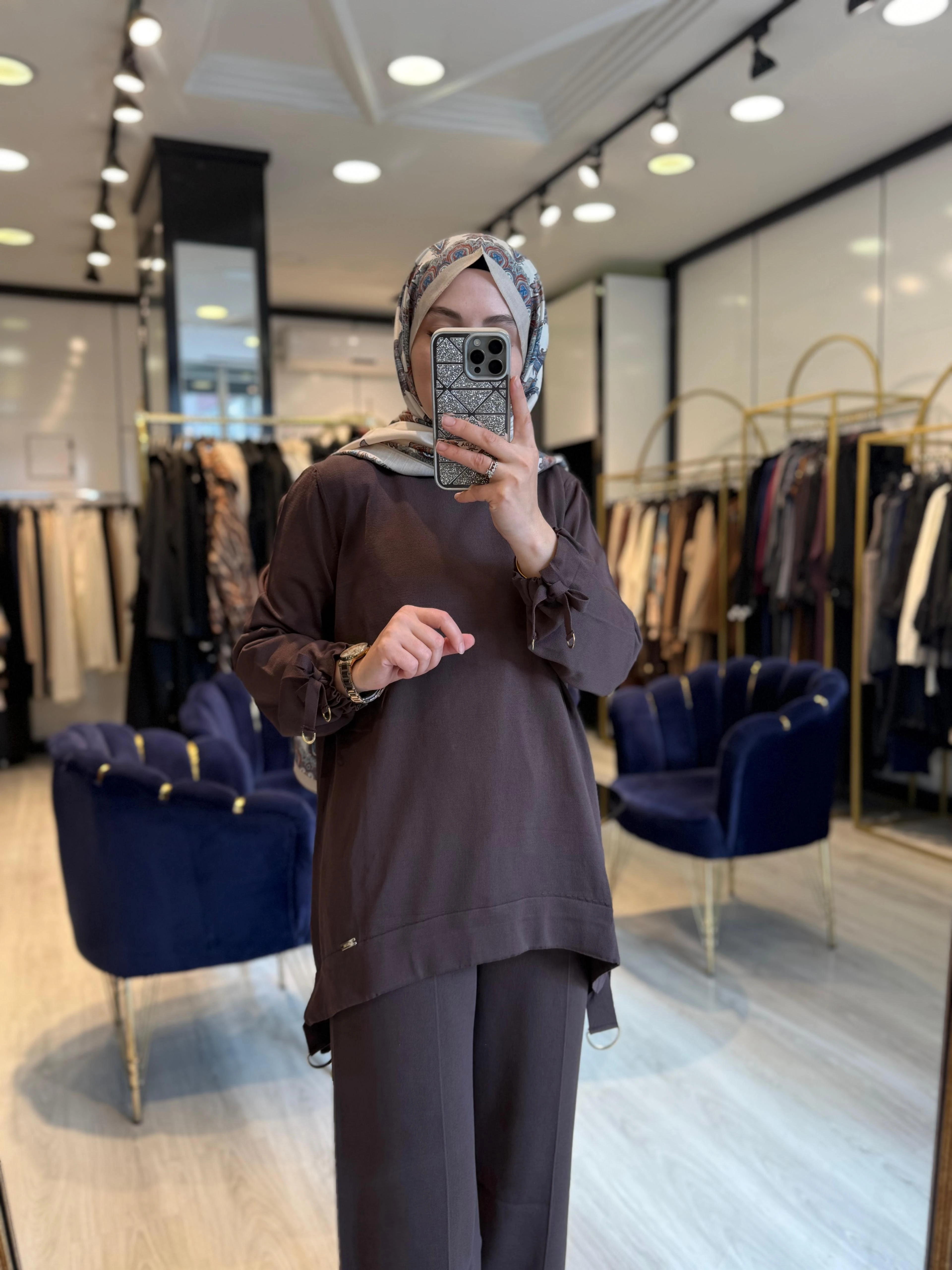 Kolları Bağlamalı Merserize Tunik - Kahverengi