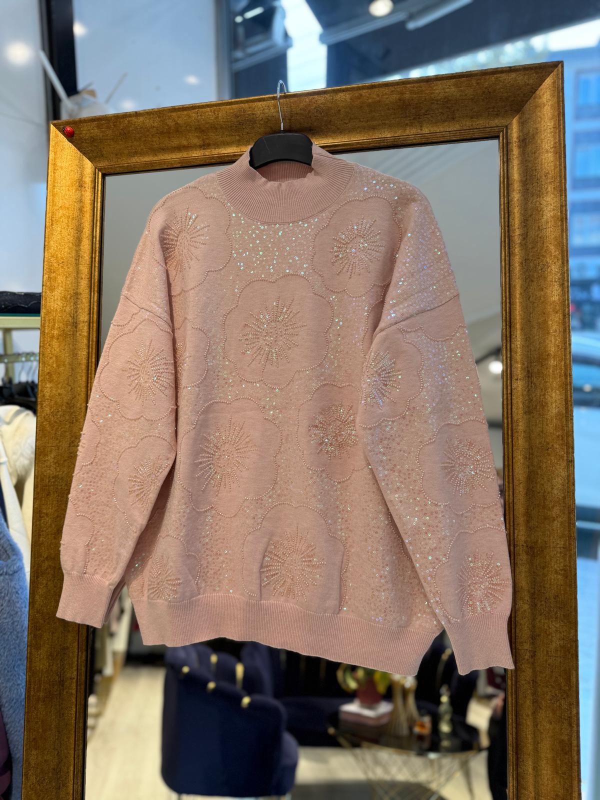 Çiçek Desen Boncuk İşlemeli Kazak - Pudra