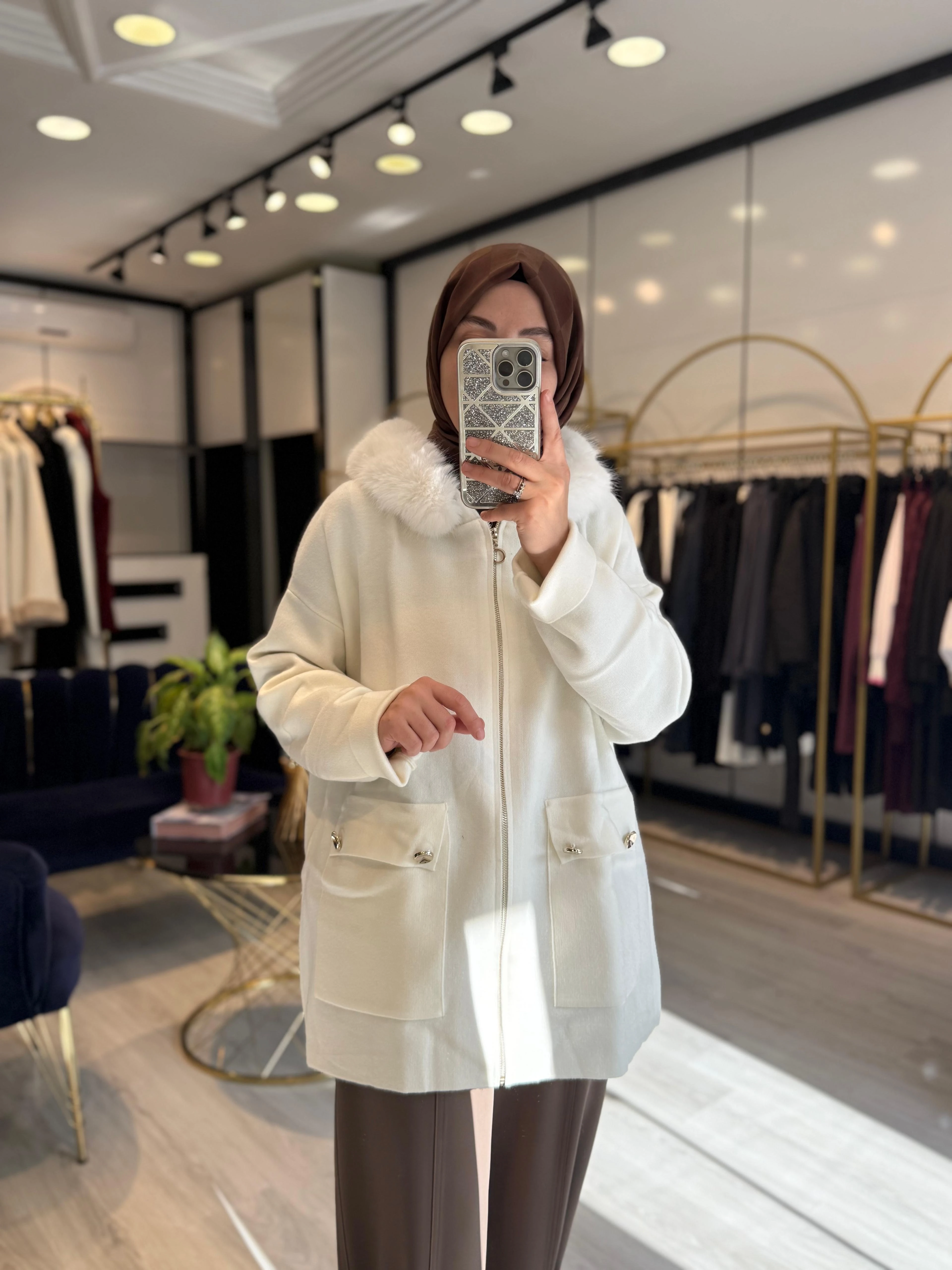 Kürklü Hırka - Ekru