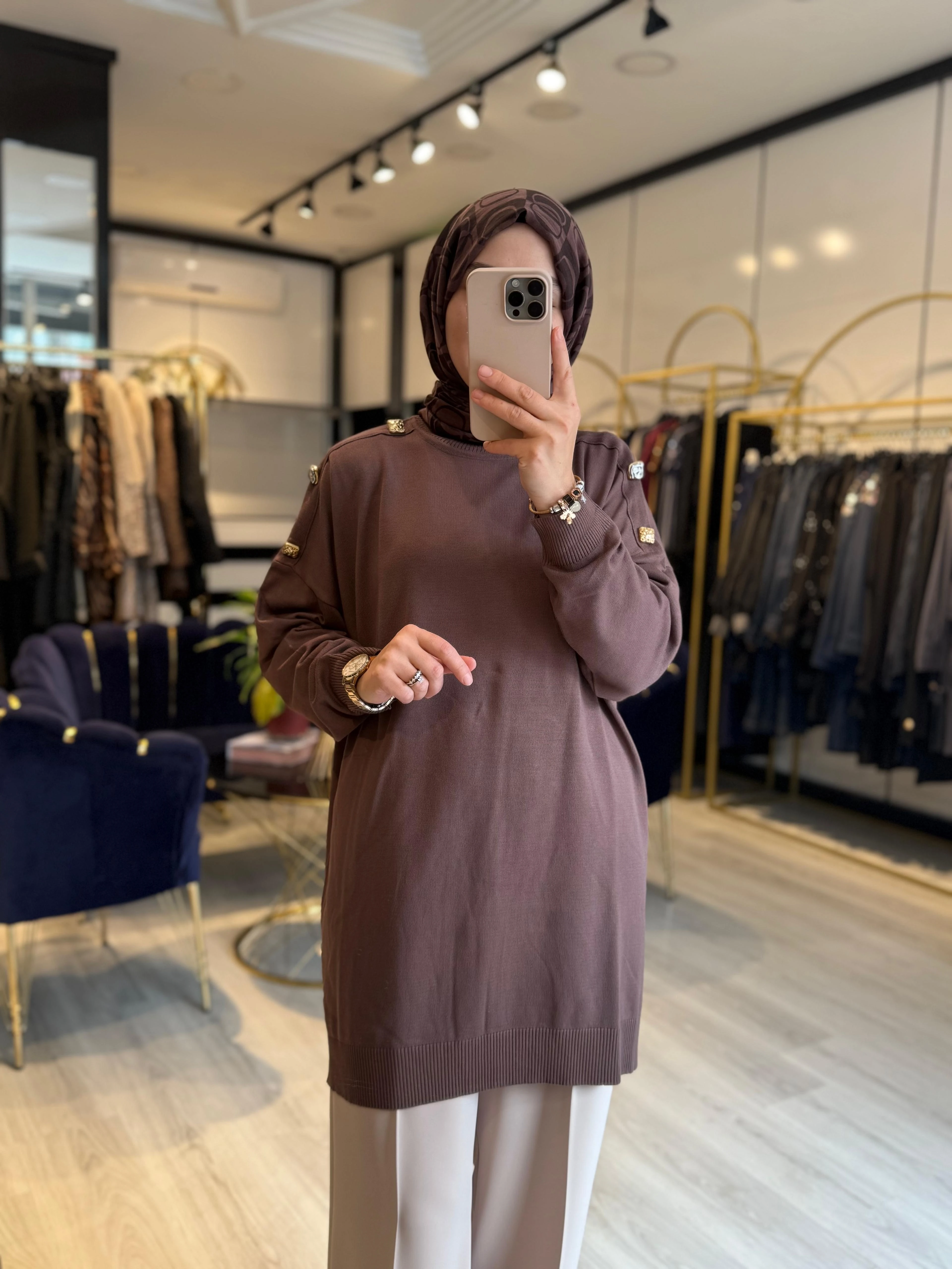 Omzu Düğmeli Triko Tunik - Kahverengi