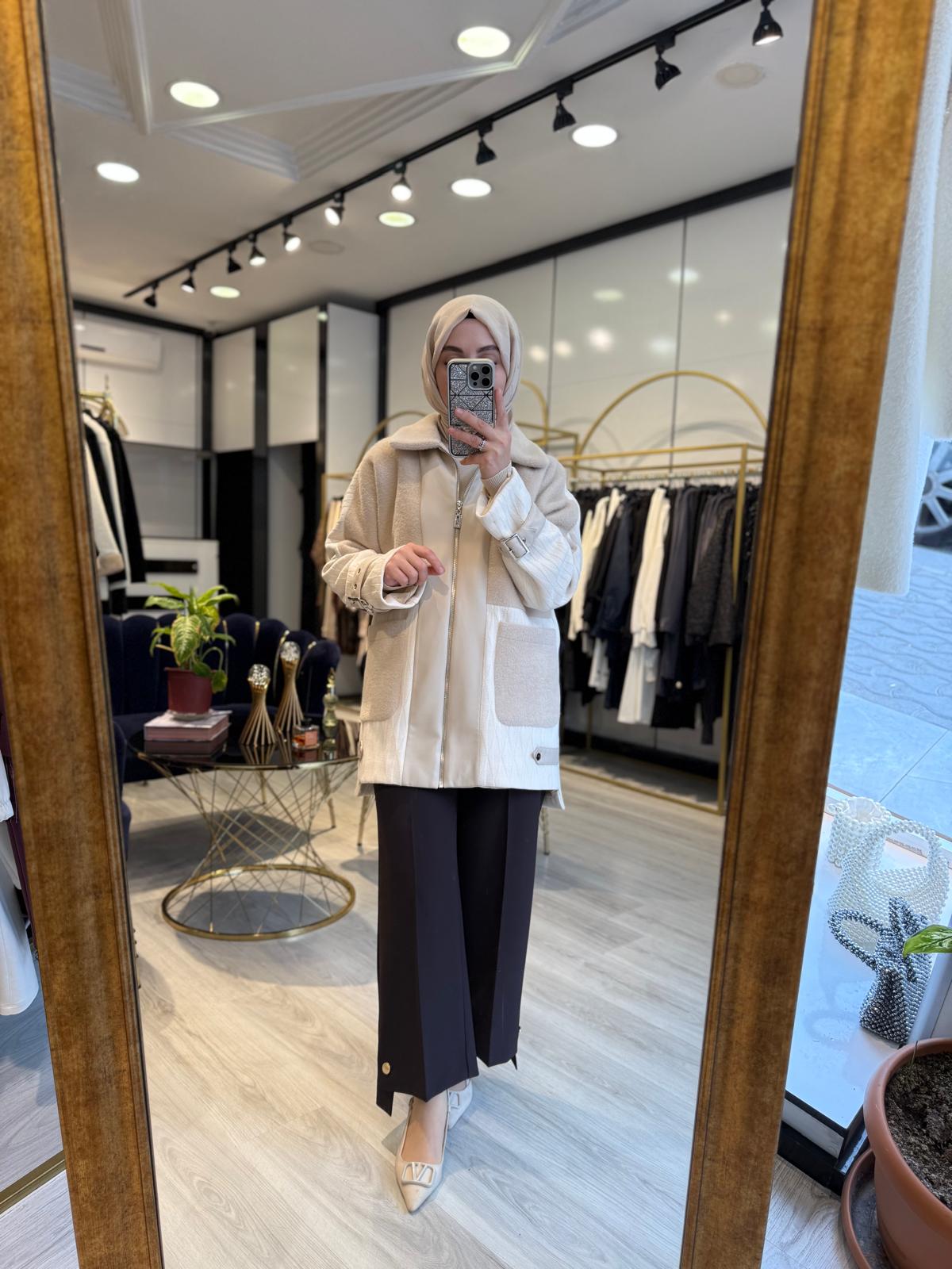 Kürk Ve Deri Kombinli Mont - Bej