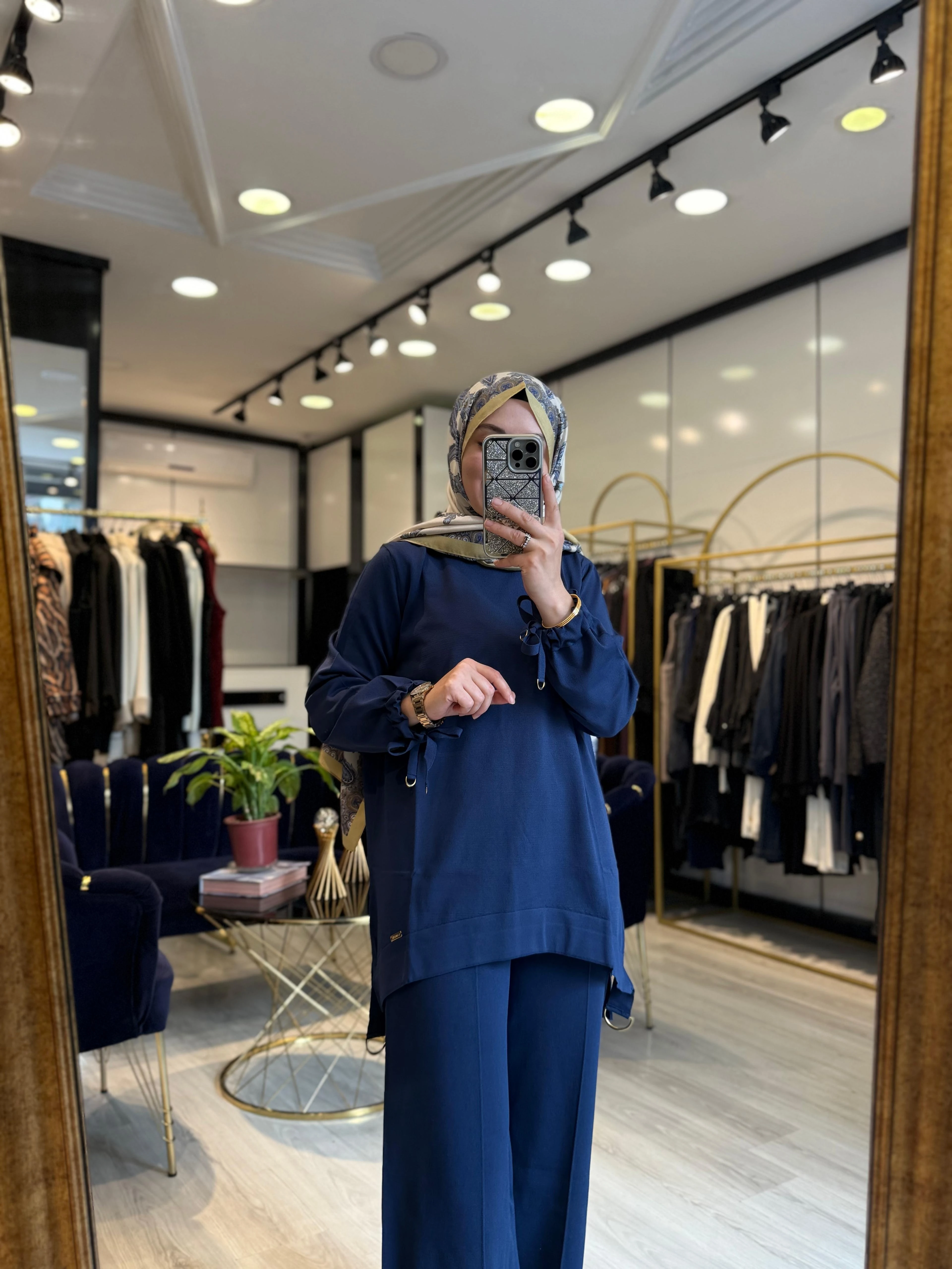 Kolları Bağlamalı Merserize Tunik -Lacivert