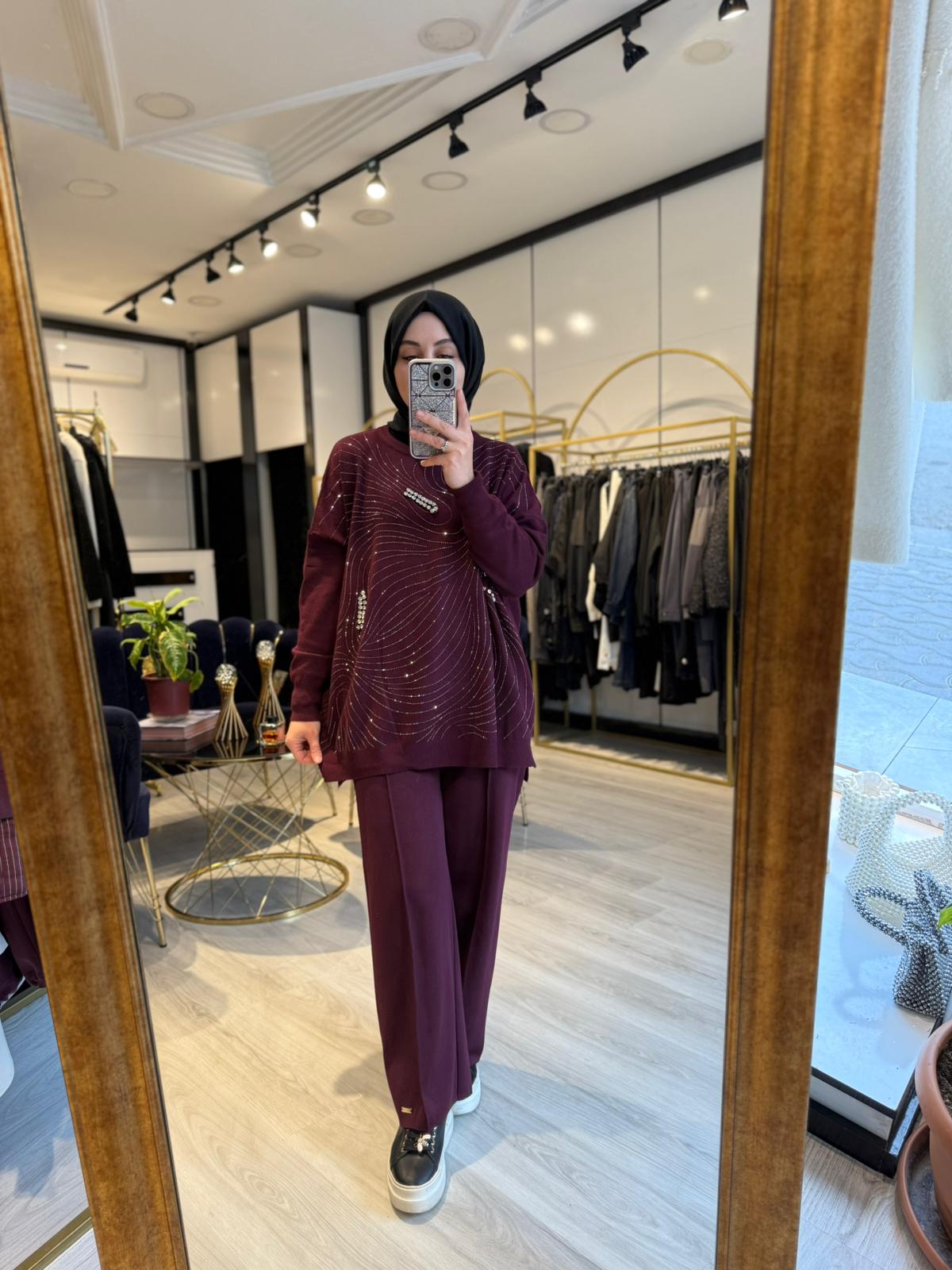 Taşlı Ağ Desenli Tunik - Bordo