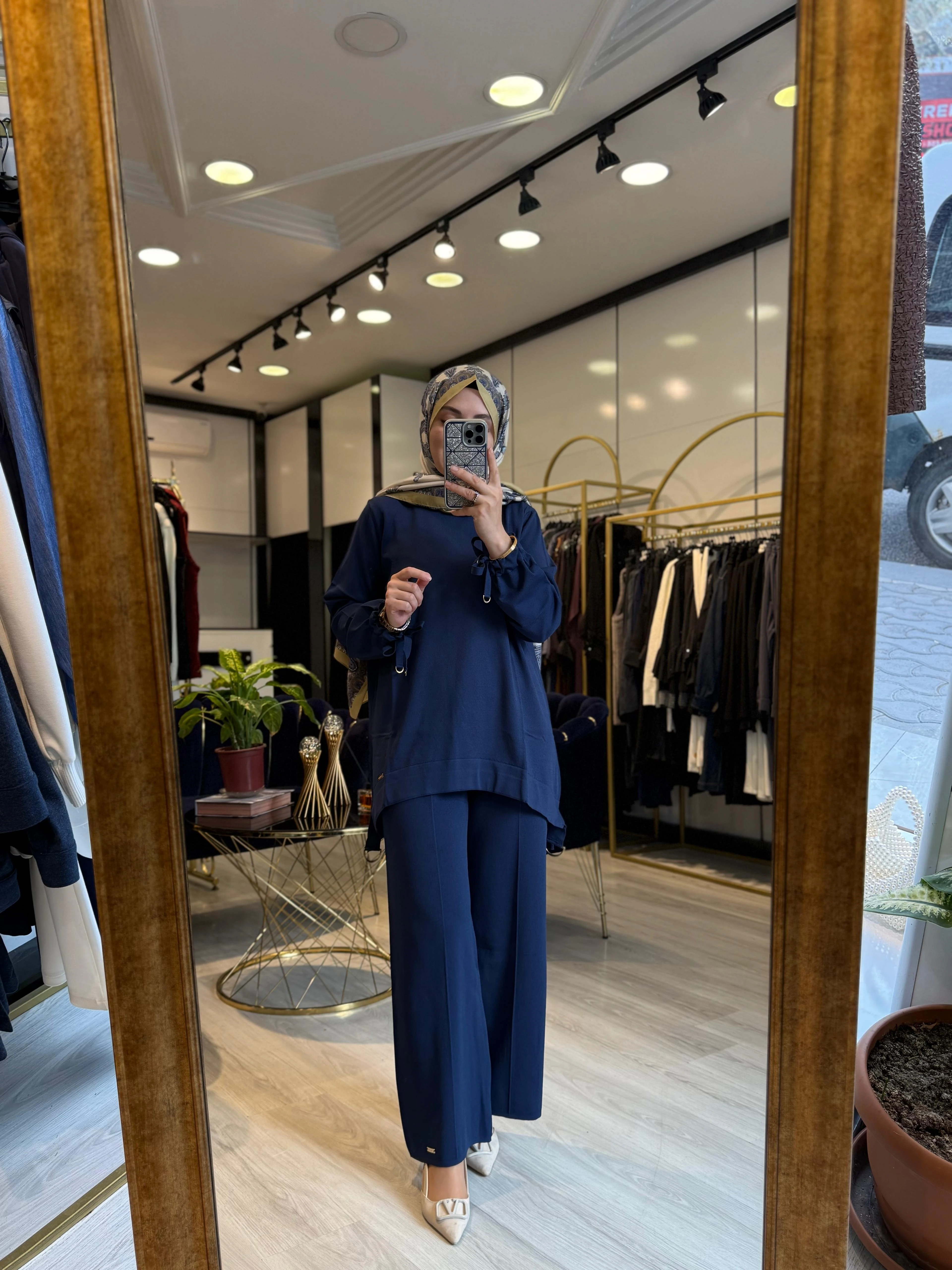 Kolları Bağlamalı Merserize Tunik -Lacivert