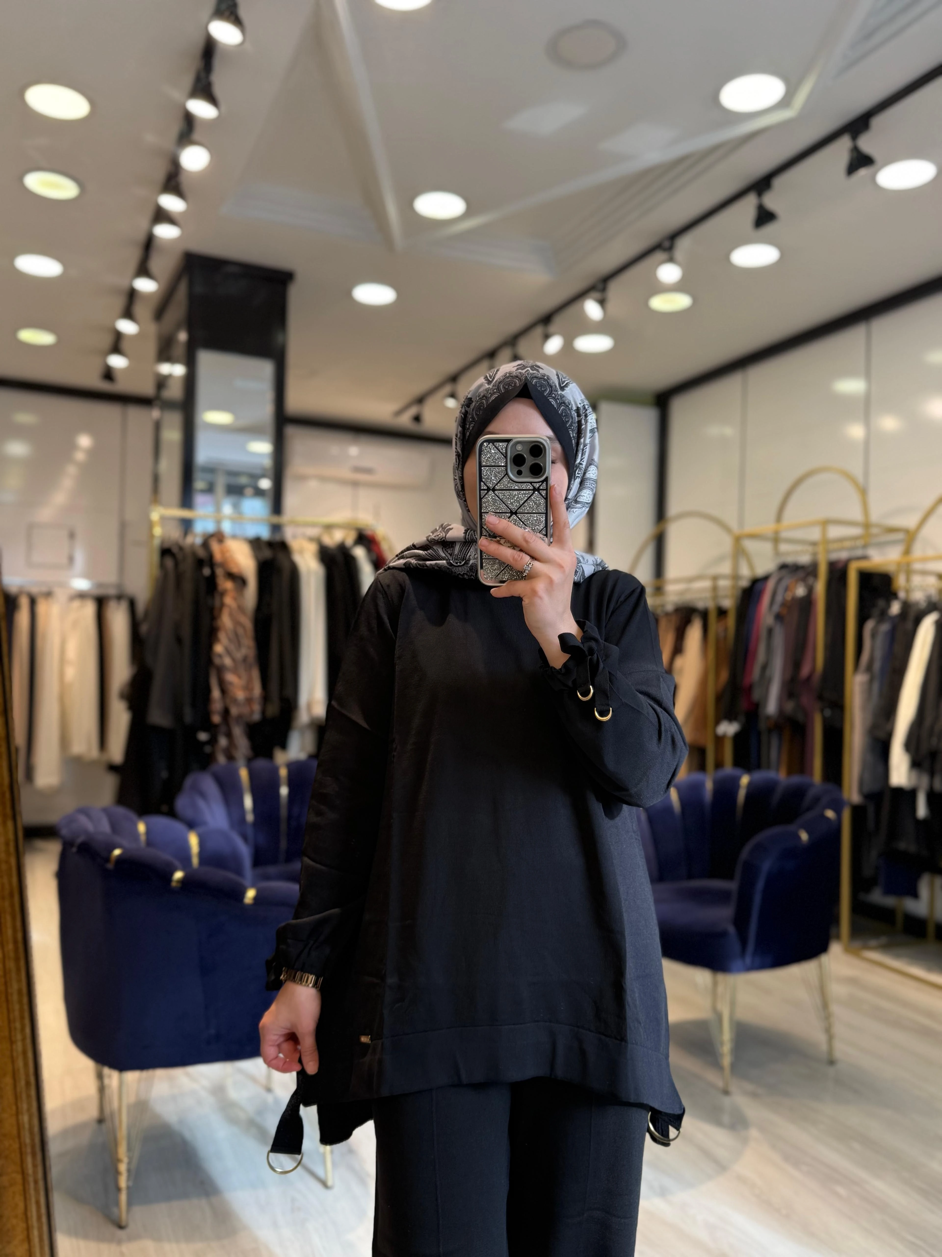 Kolları Bağlamalı Merserize Tunik - Siyah