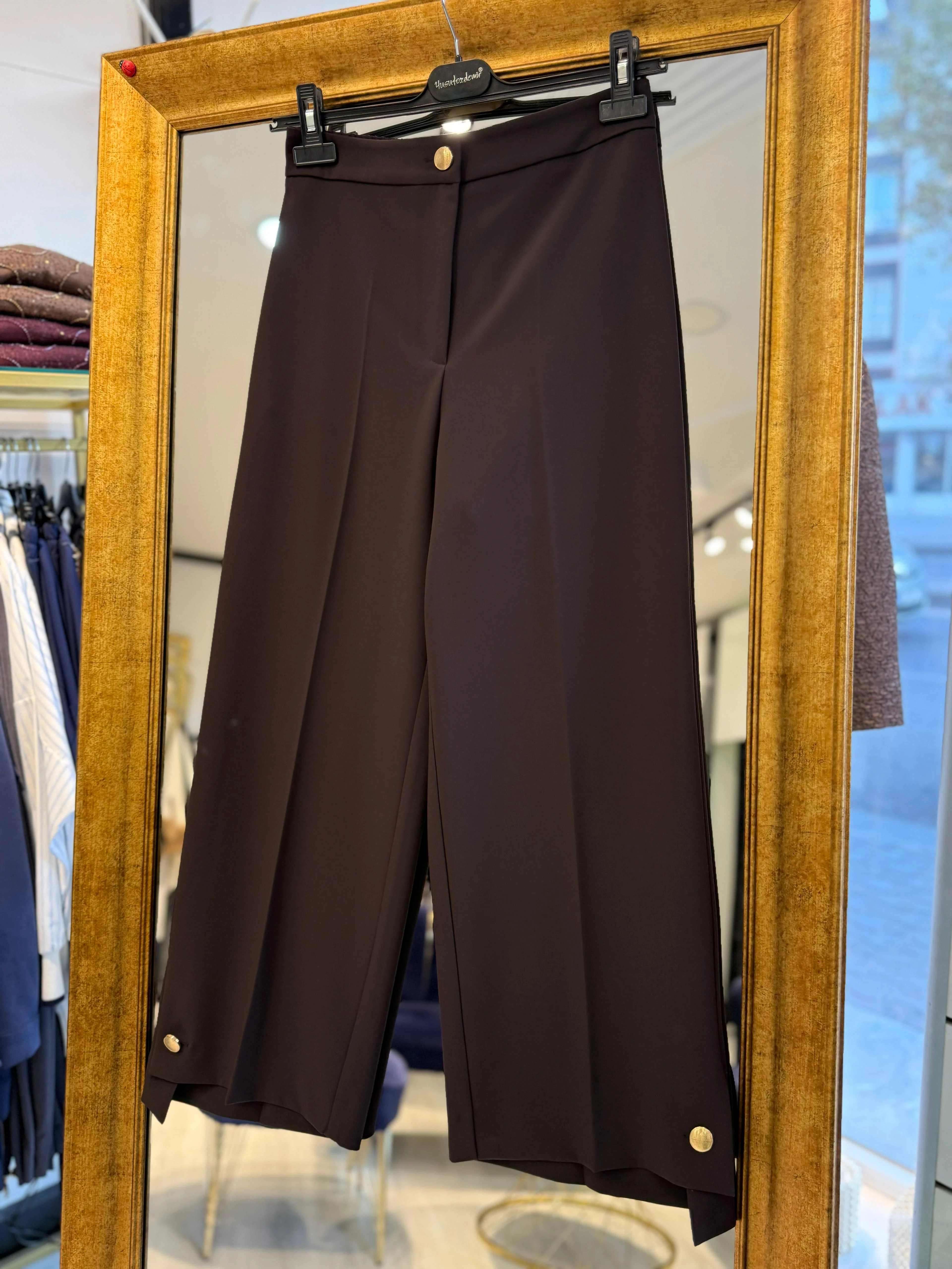 Düğmeli Bol Paça Pantolon - Kahverengi