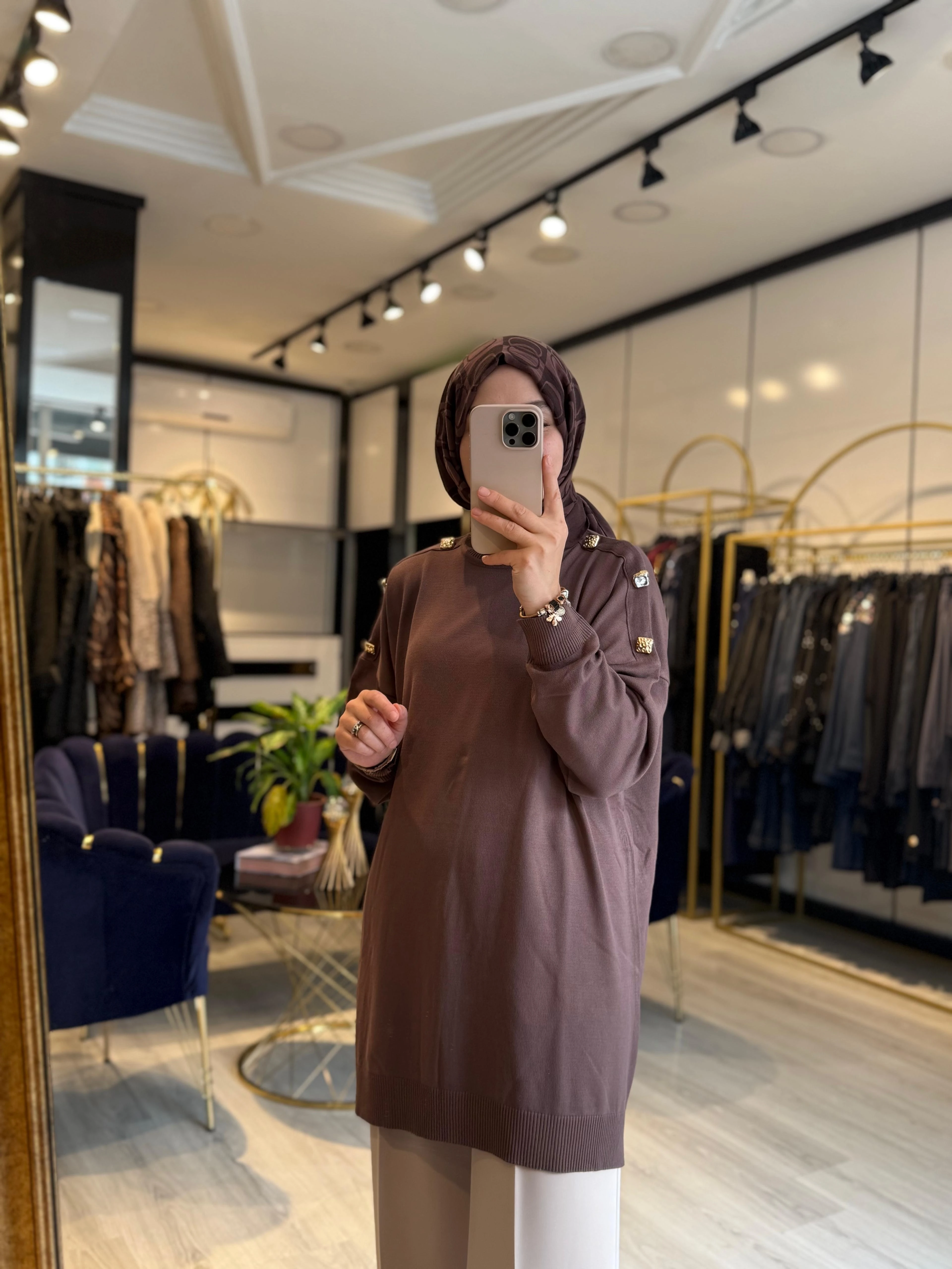 Omzu Düğmeli Triko Tunik - Kahverengi