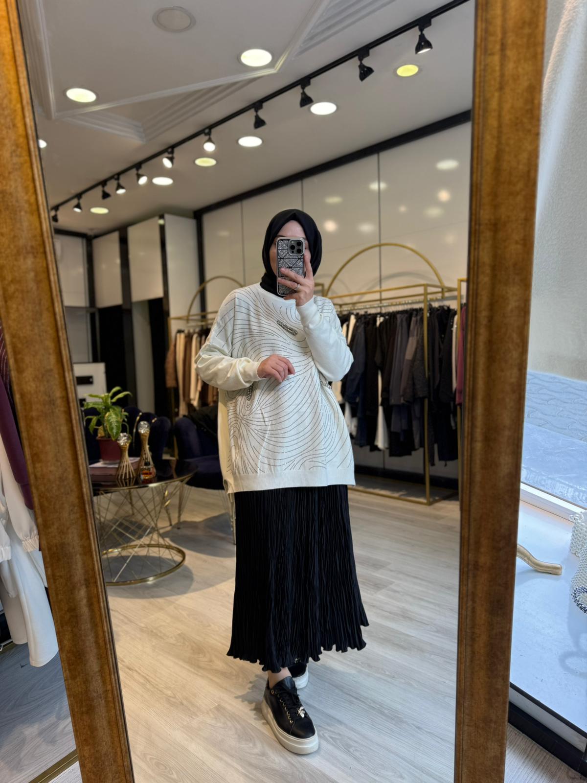 Taşlı Ağ Desenli Tunik - Ekru