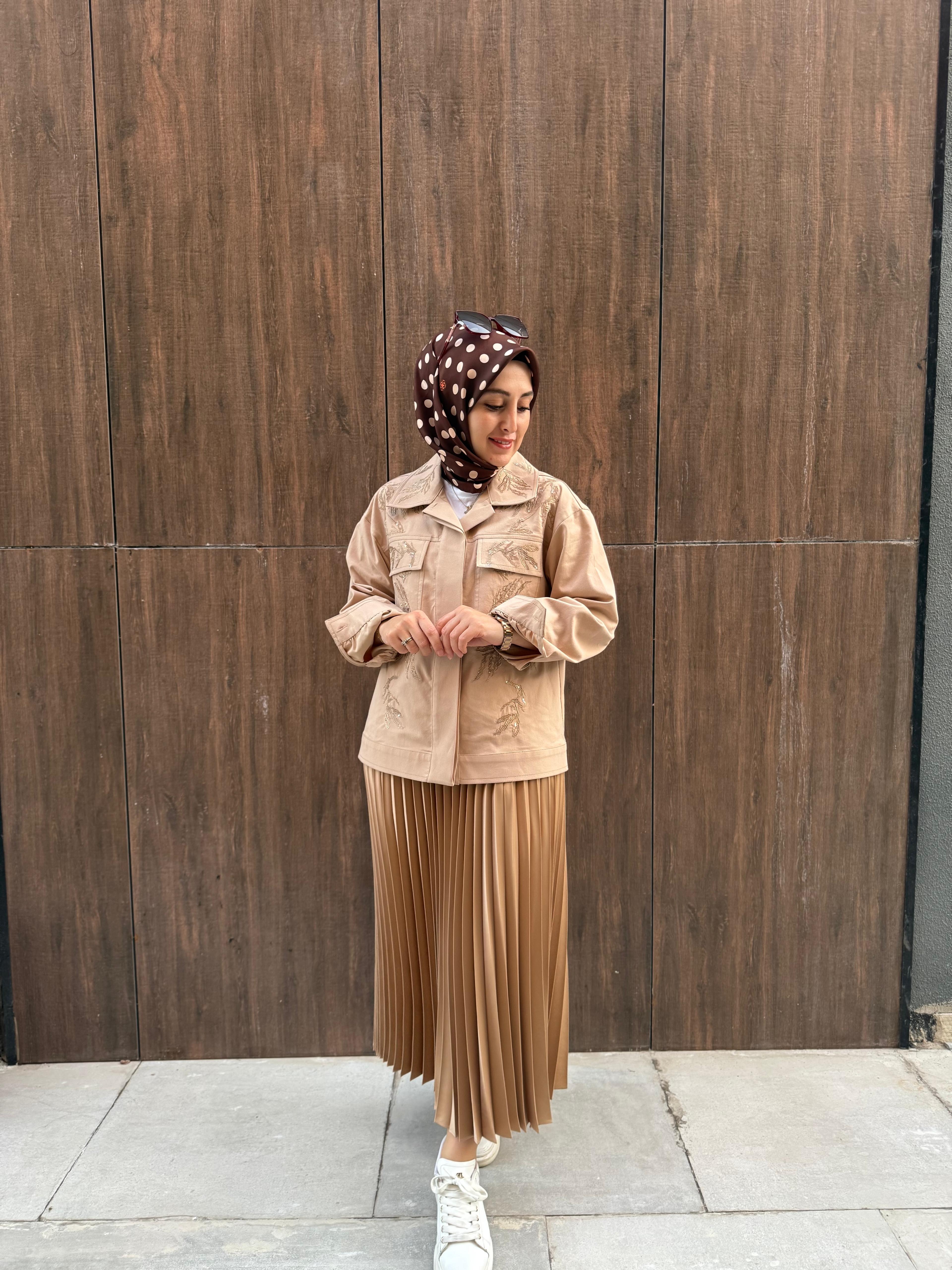 Nakışlı Ceket-Etek Takım - Bej