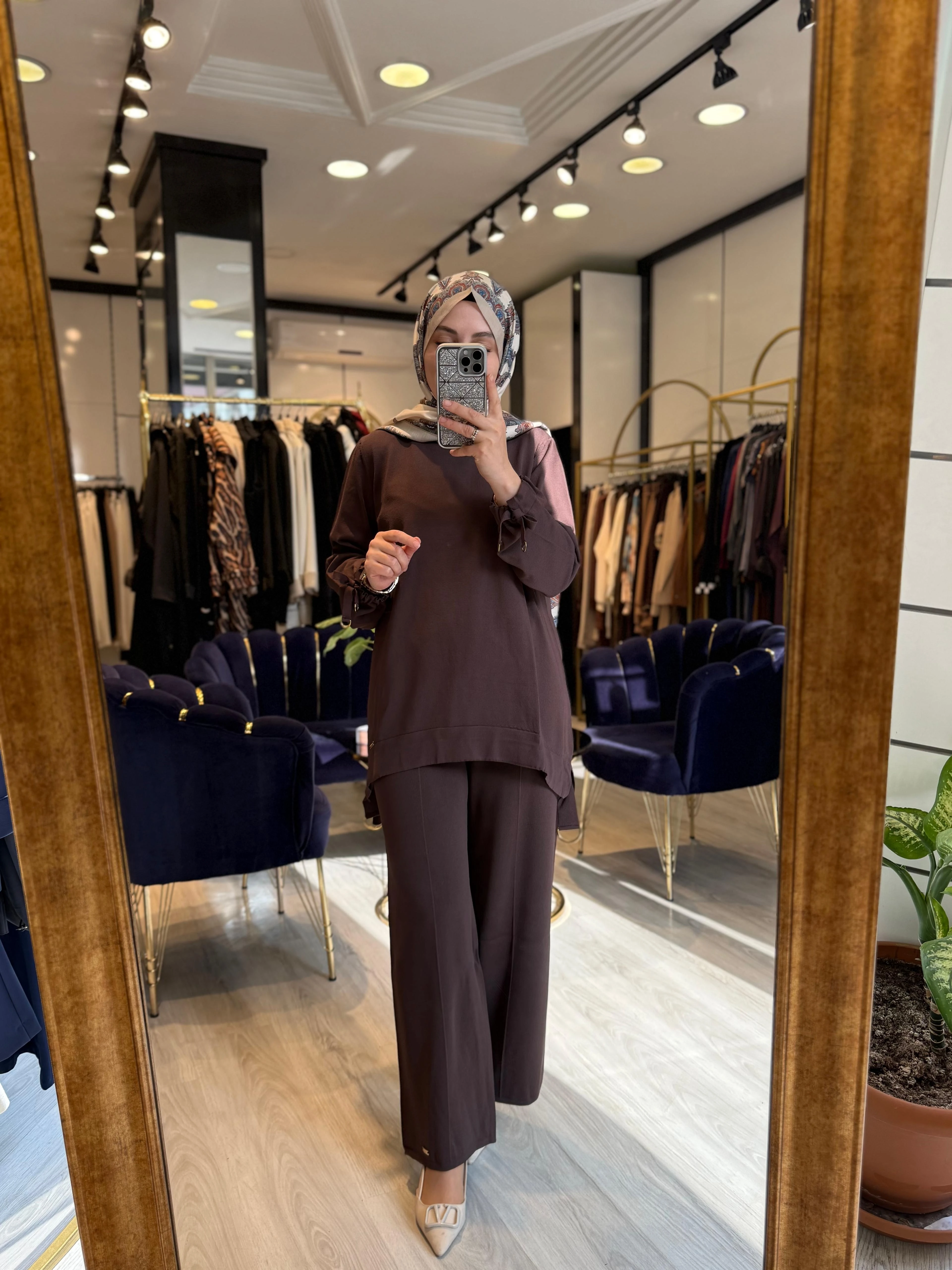 Kolları Bağlamalı Merserize Tunik - Kahverengi