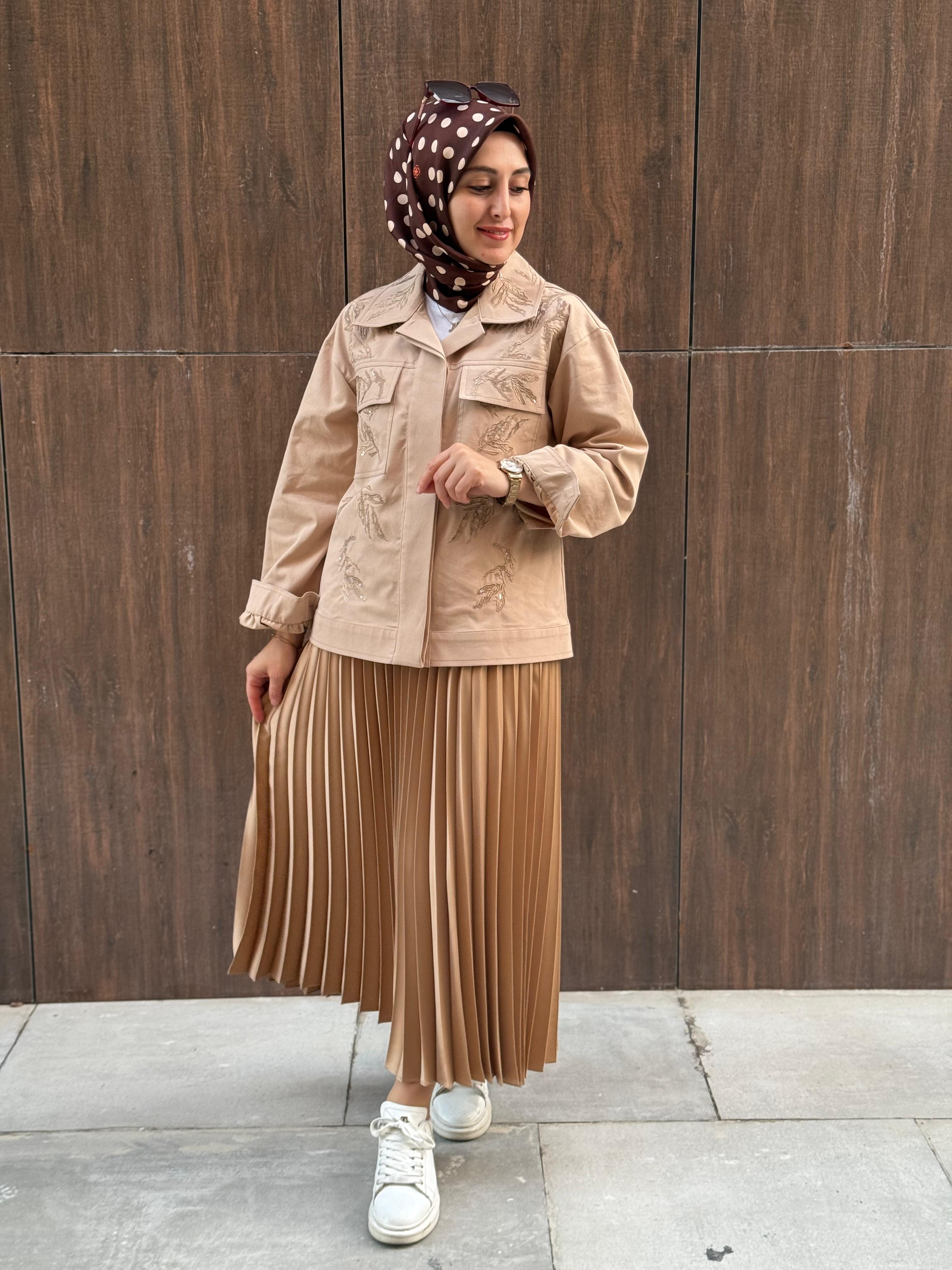 Nakışlı Ceket-Etek Takım - Bej