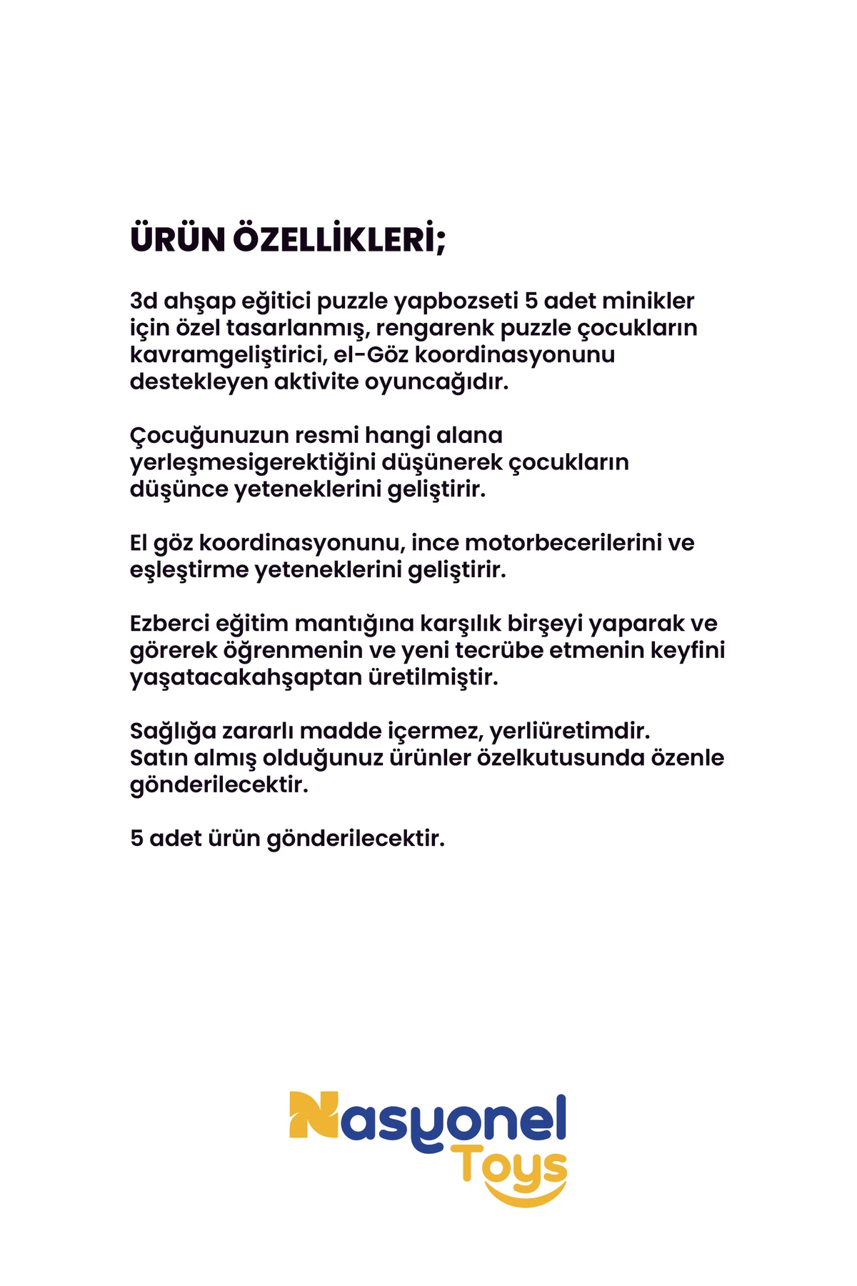 Eğitici Ahşap 3D Puzzle Yapboz Oyunu – 5’li Set –