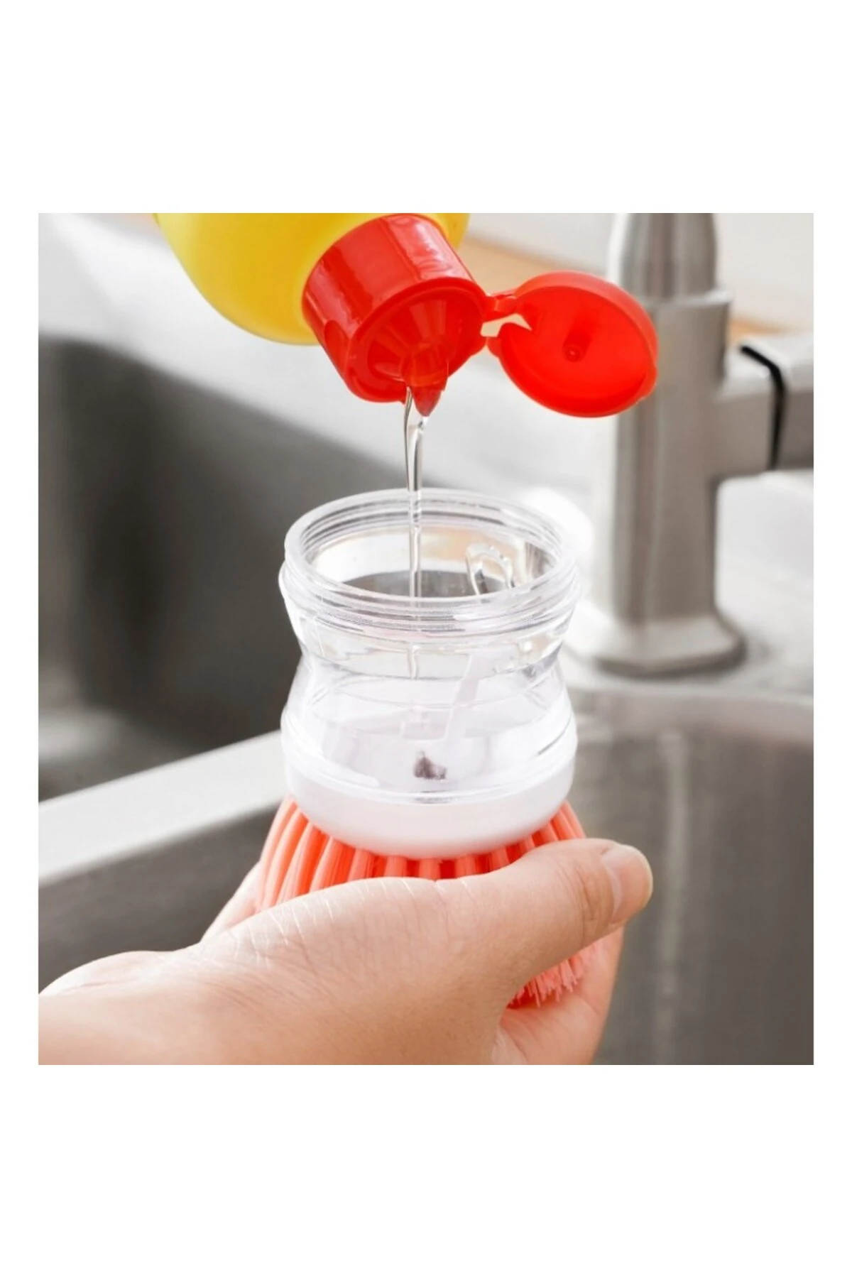 Pratik Sıvı Deterjan Hazneli Bulaşık Fırçası | Hazneli Mutfak Banyo Lavabo Yıkama Fırçası