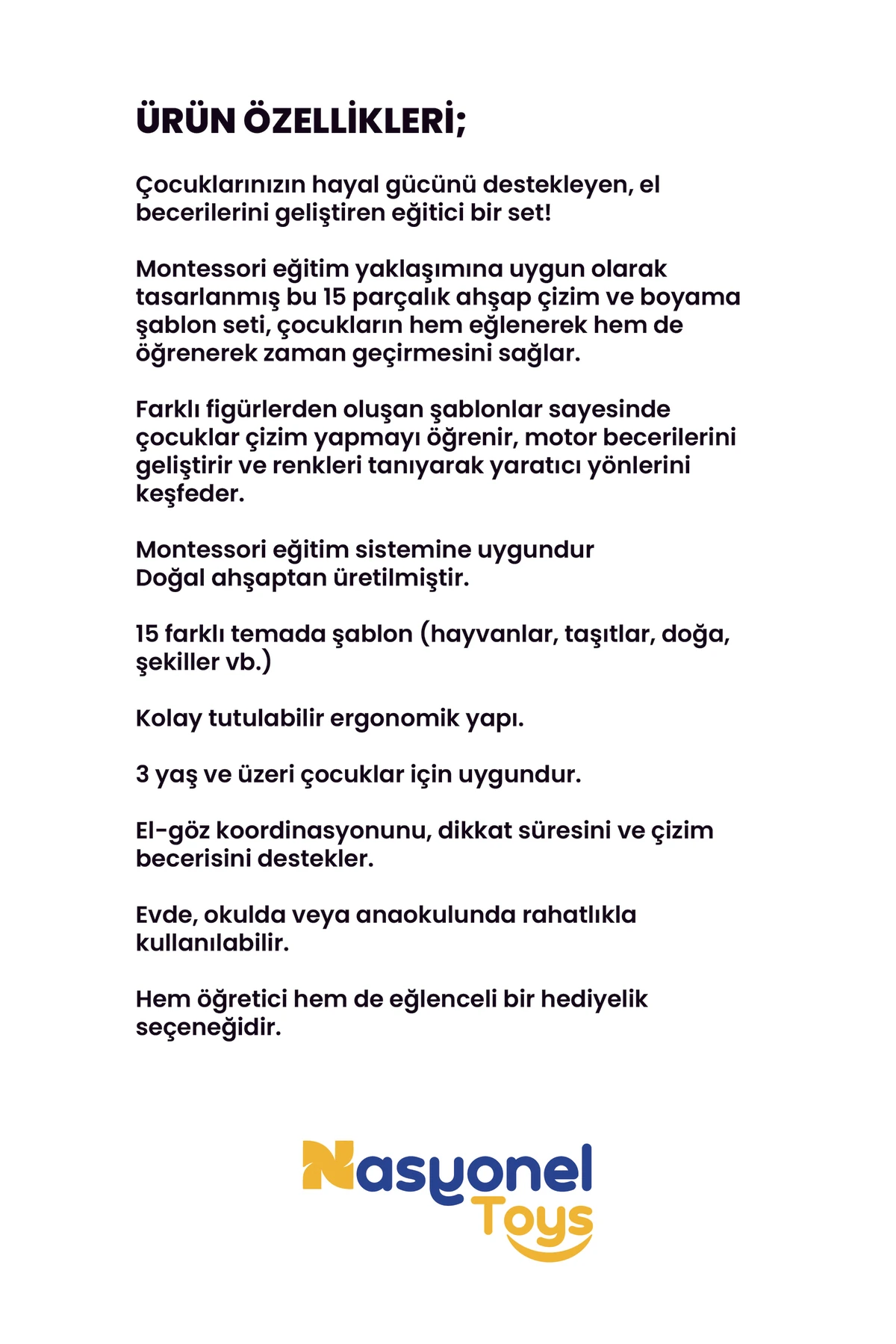 Eğitici Ahşap Çizim ve Boyama Şablonları – Montessori Çocuk Seti 15’li -