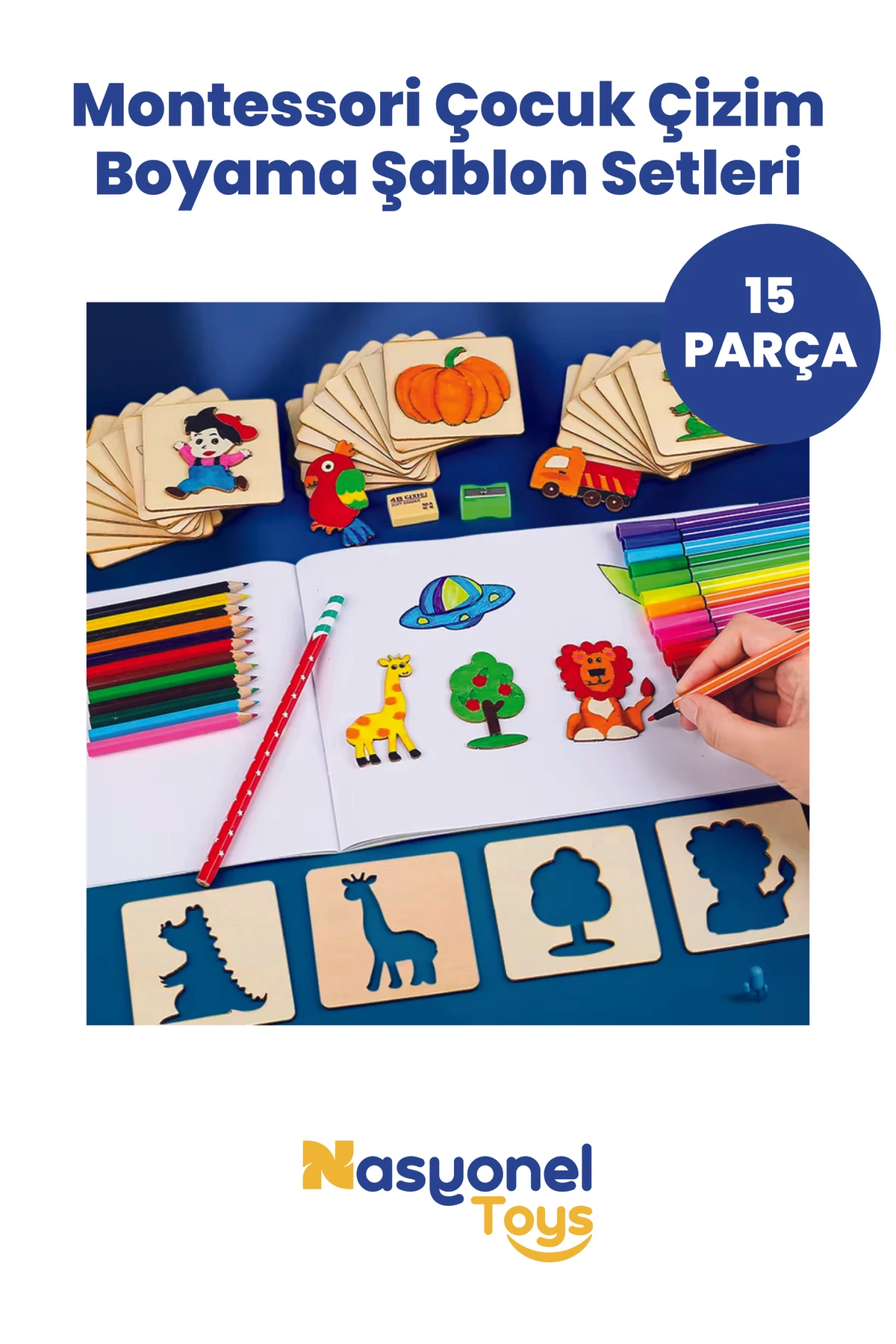 Eğitici Ahşap Çizim ve Boyama Şablonları – Montessori Çocuk Seti 15’li -
