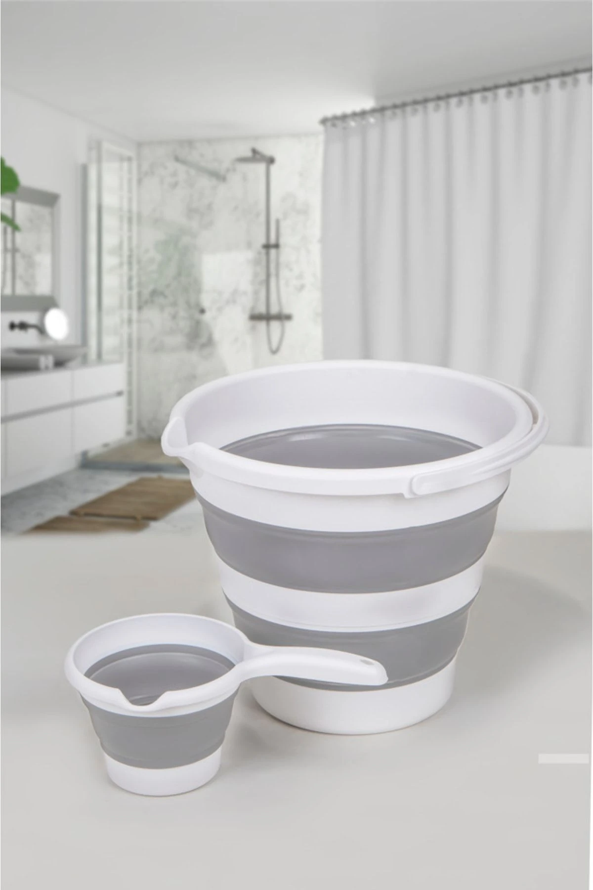 2'li Katlanabilir Kova - Maşrapa Seti Katlanır Akordiyon Su Kovası Ve Maşrapa Seti Banyo Açık Gri
