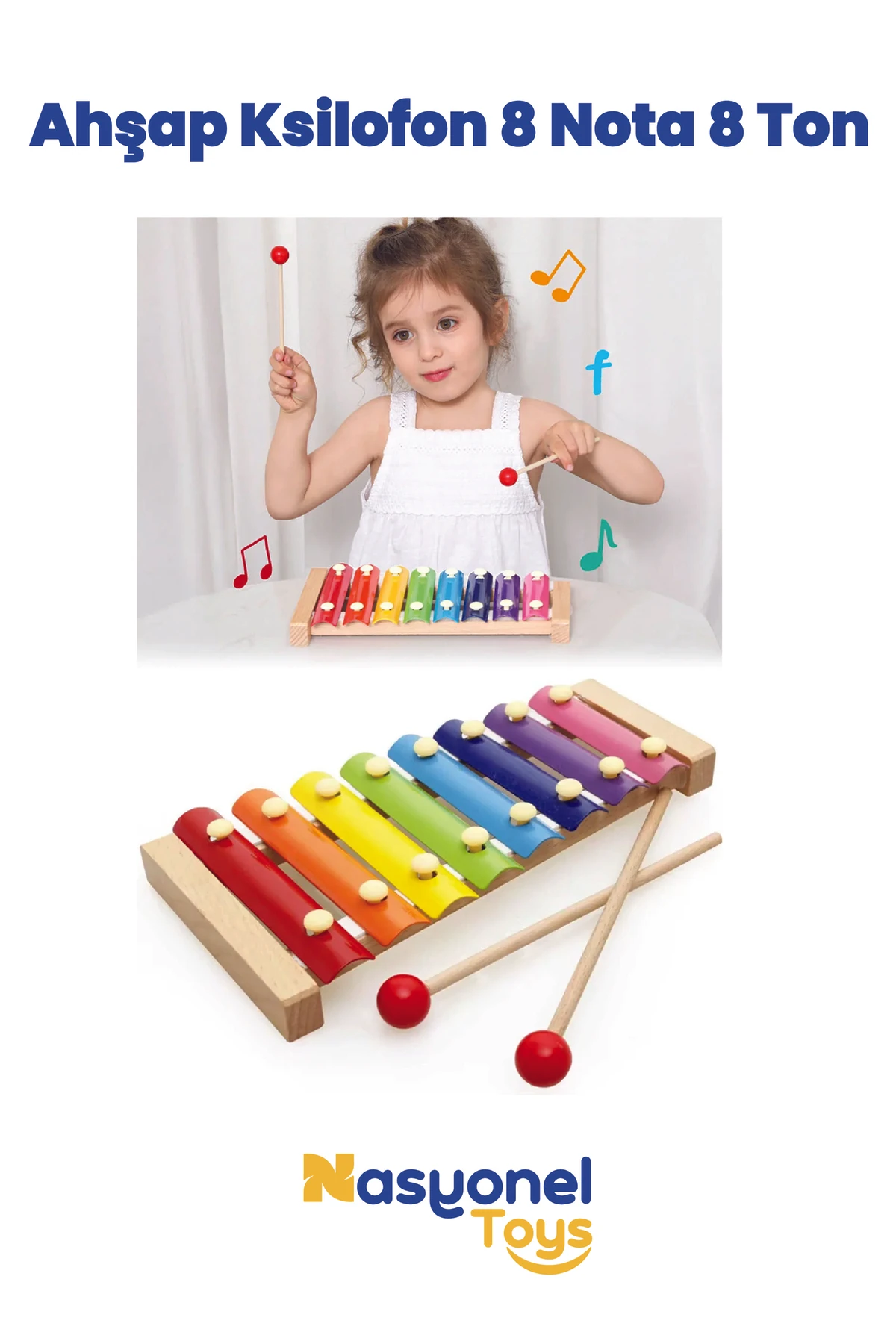 Ahşap Ksiloform 8 Tuşlu Renkli Müzik Oyuncağı – 3-6 Yaş Eğitici Enstrüman