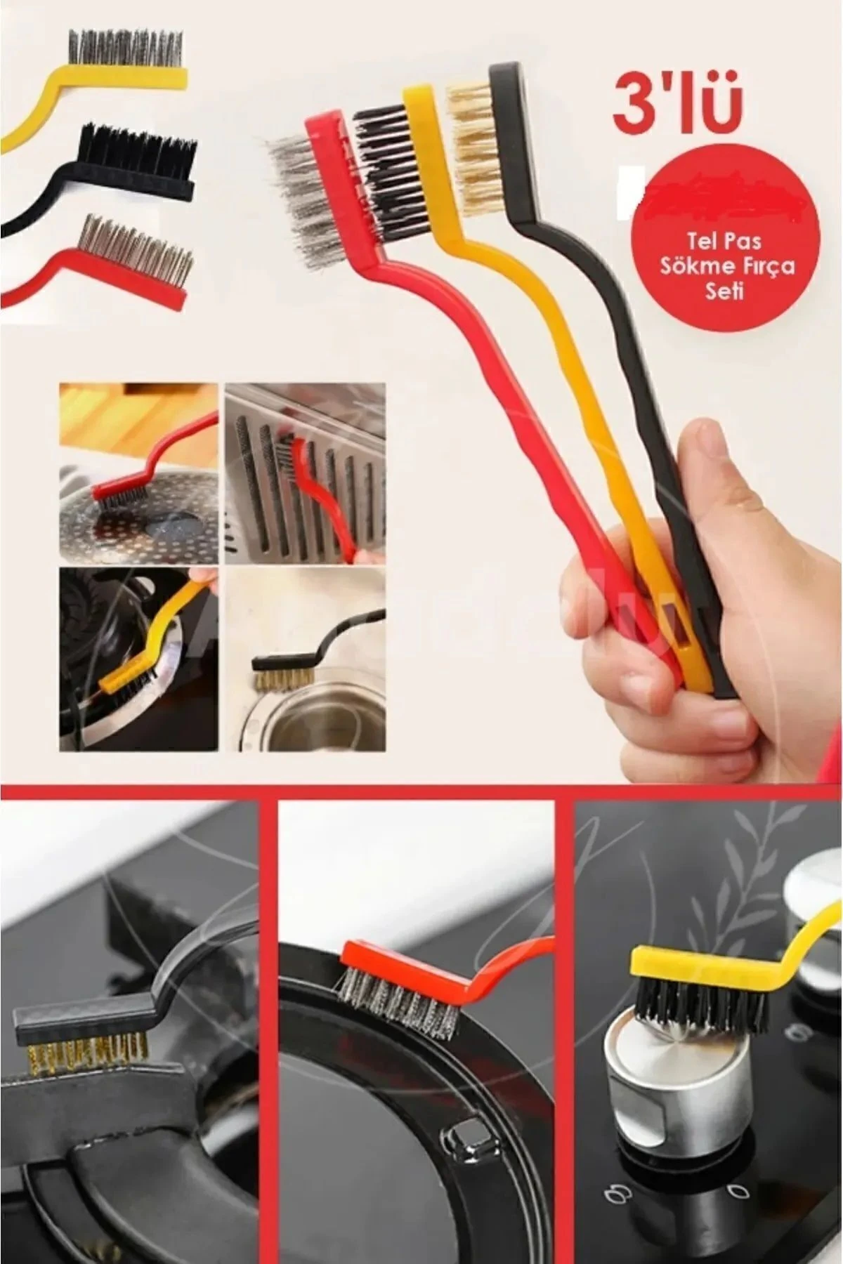 3 Adet Ocak Fırın Mangal Izgara Airfryer Temizliği Tel Pas Sökme Fırçası 3lü Yağ Temizleme Fırçası