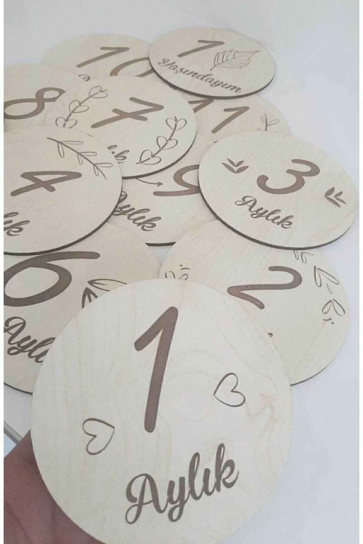 Türkçe Aylık Plak Seti Ahşap Bebek Fotoğraf Kartları 12 Cm 13 Adet