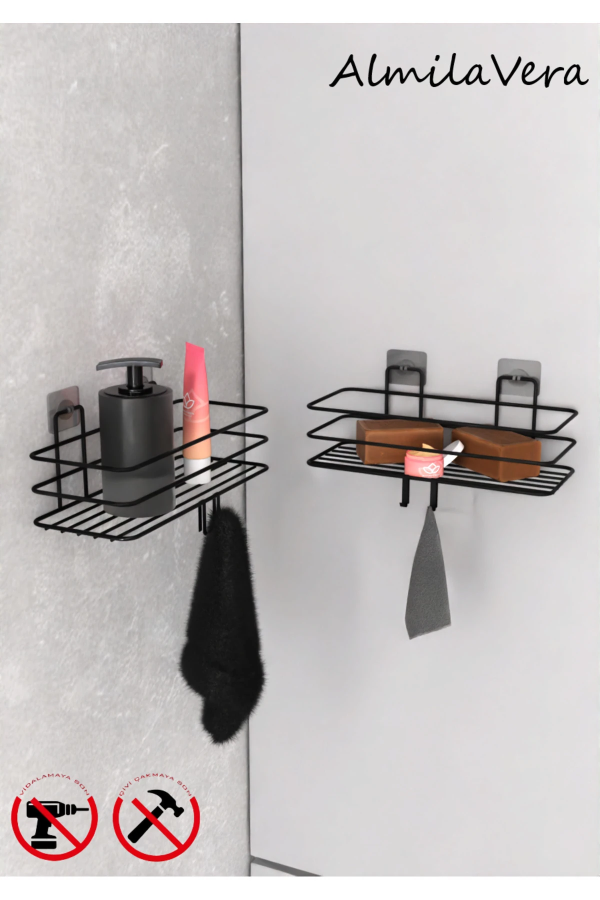 Siyah Güçlü Yapışkanlı Kancalı Banyo Rafı 2 Adet.