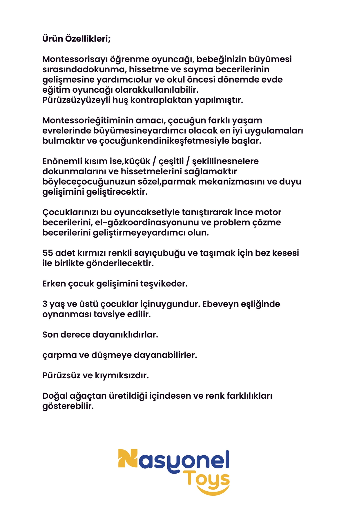 Montessori Ahşap Sayı Öğrenme Oyuncağı-55 Parça Sayı Çubuğu ve Tahta–Eğitici Ahşap Set–Nasyonel Toys
