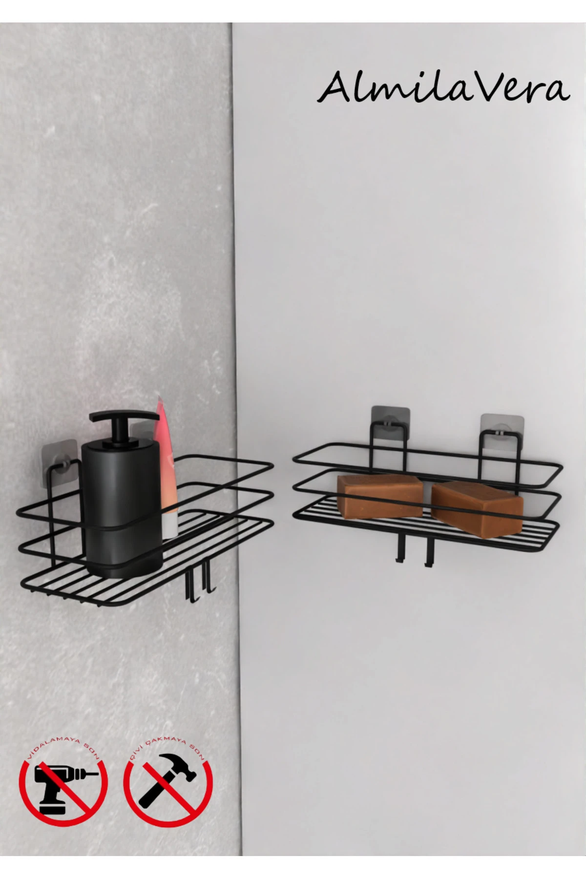 Siyah Güçlü Yapışkanlı Kancalı Banyo Rafı 2 Adet.