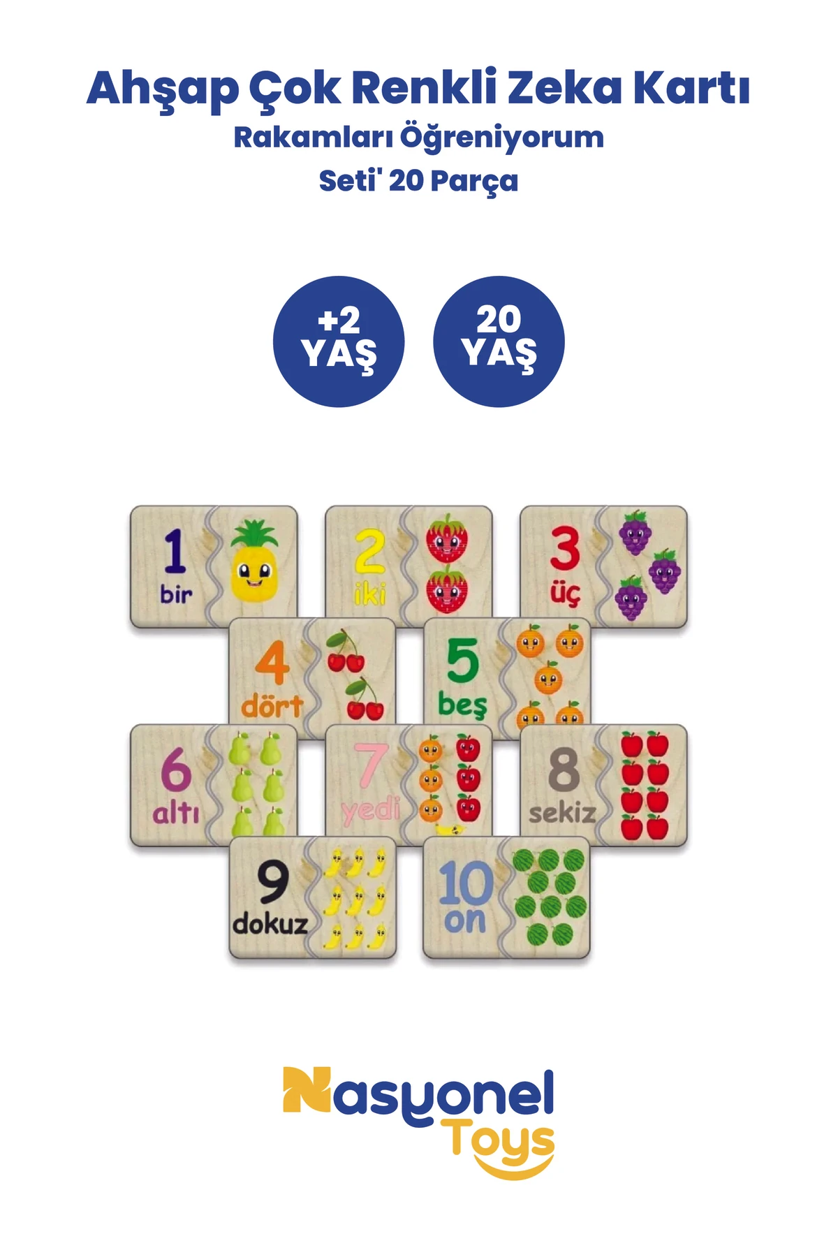 Eğitici Ahşap Zeka Kartları 20 Parça – Sayıları Öğreniyorum +2 Yaş –