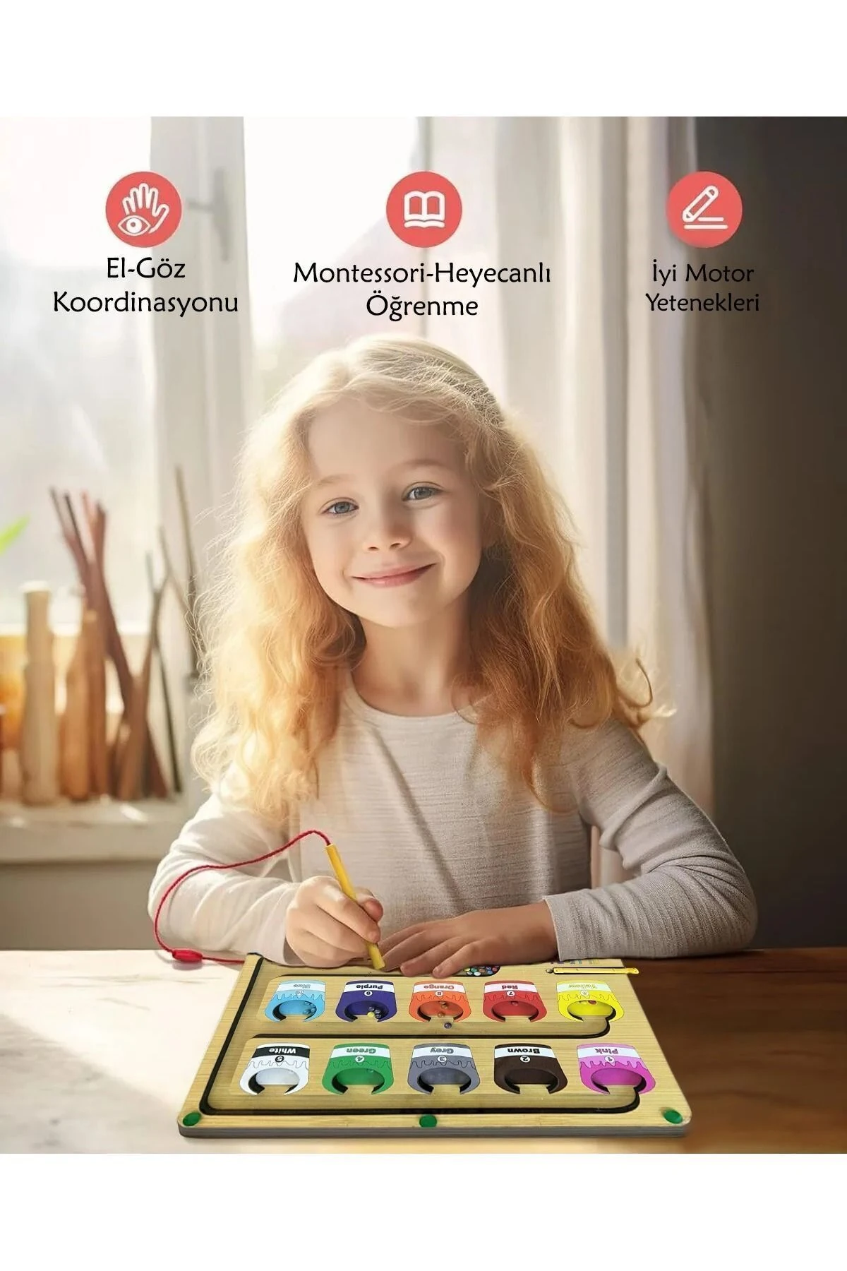 Montessori Mıknatıs ve Boncukla  Renkler-Sayılar Motor Beceri Bulmaca Panosu