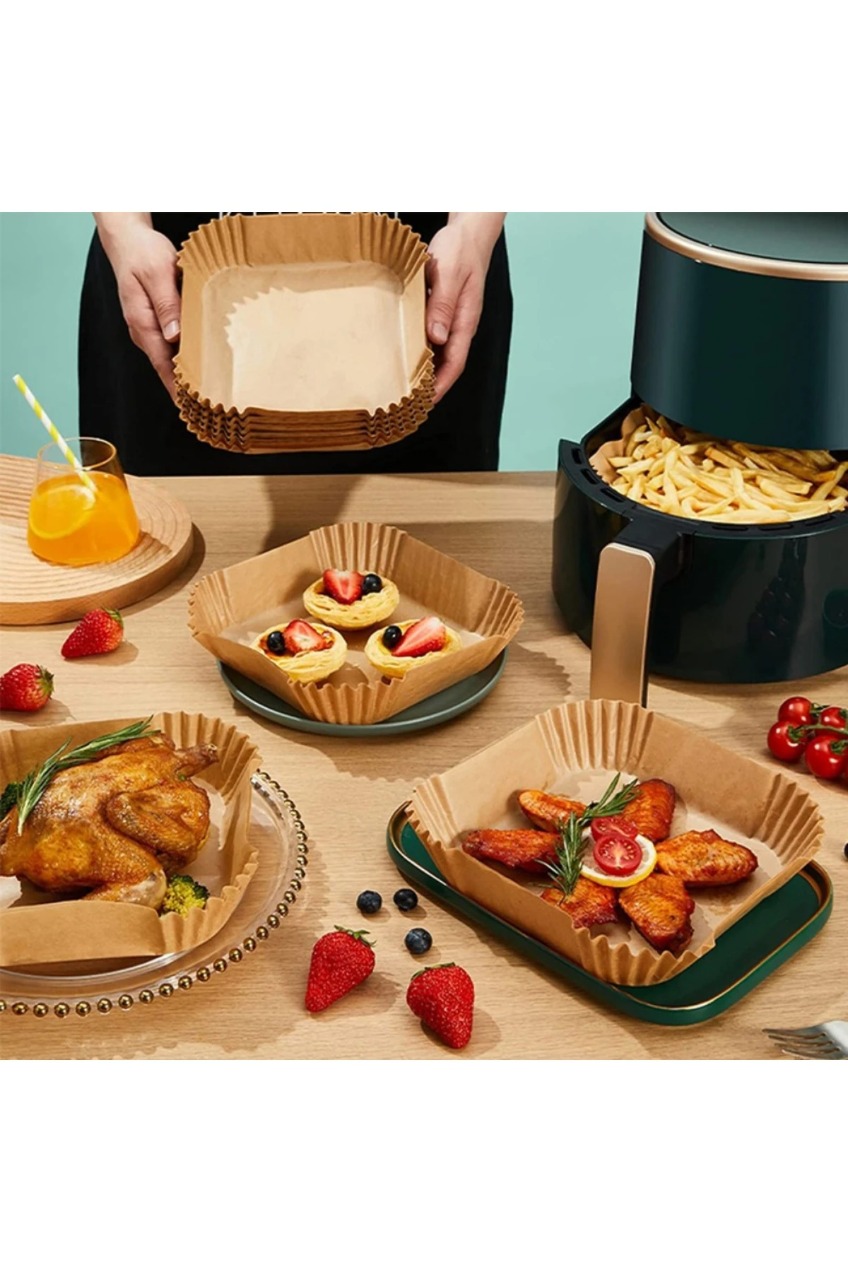 Airfryer Pişirme Kağıdı Hava Fritözü Kare Model Pişirme Kağıdı Airfryer Yağsız Firitöz 50 Adet