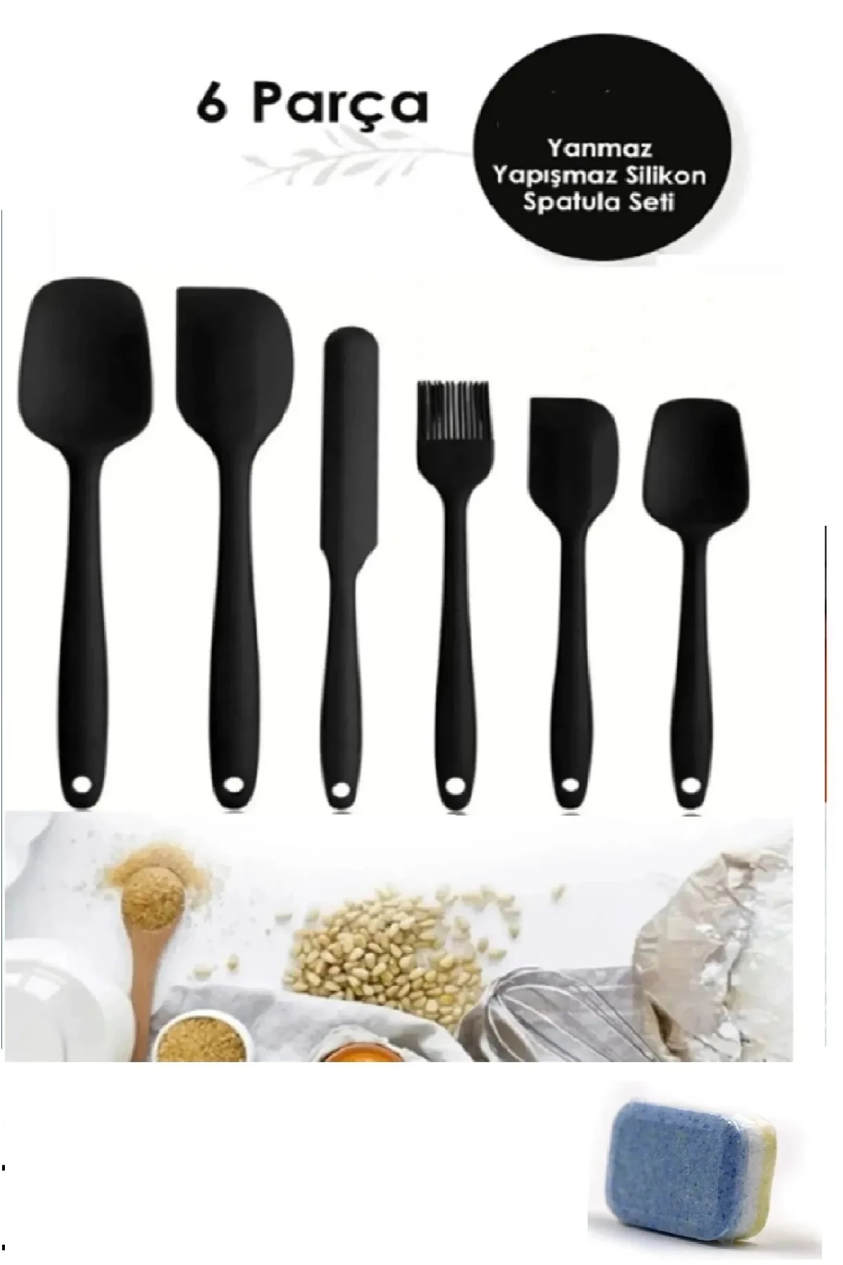 1.kalite 100% Slikon Kutulu Siyah 6lı Yanmaz Yapışmaz Pasta Fırçası Spatula 1 Adet Tablet Hediye