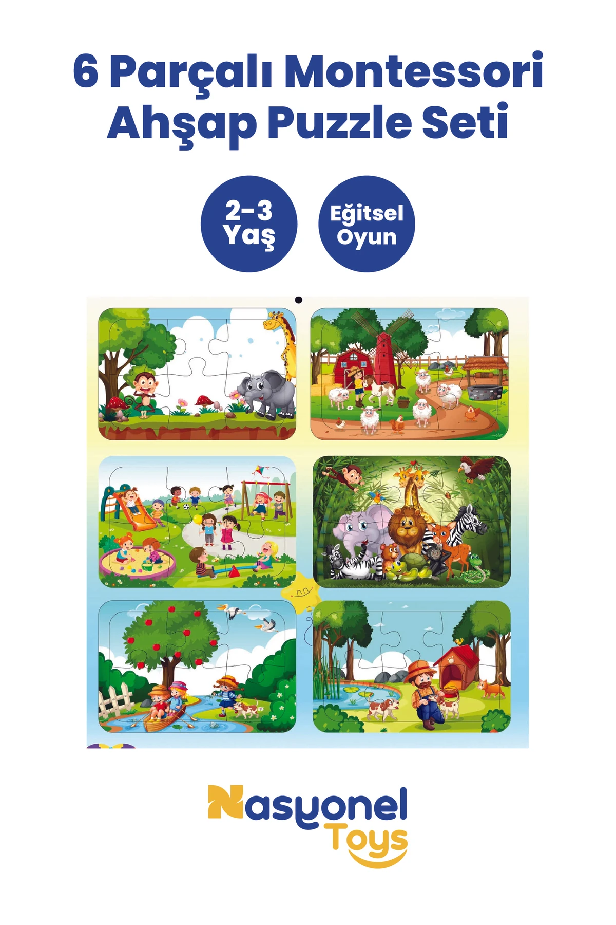 Çocuklar İçin 6’lı Ahşap Montessori Puzzle Seti – Eğitici Yapboz –